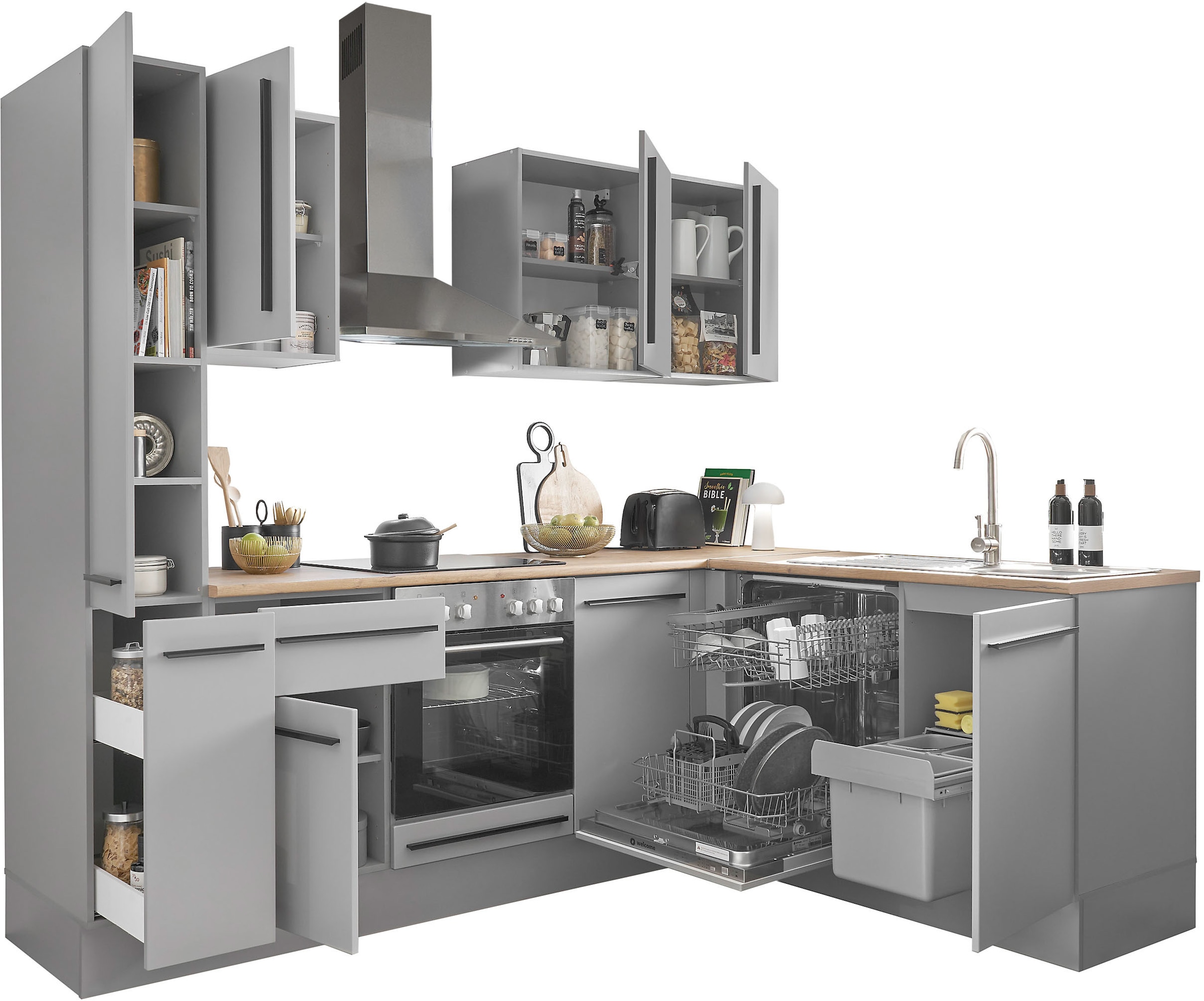 BASIC by Balculina Winkelküche »Denver, Küche BxHxT 250/115 x 211 x 60«, Breite 250 cm, wahlweise mit E-Geräten und Induktion
