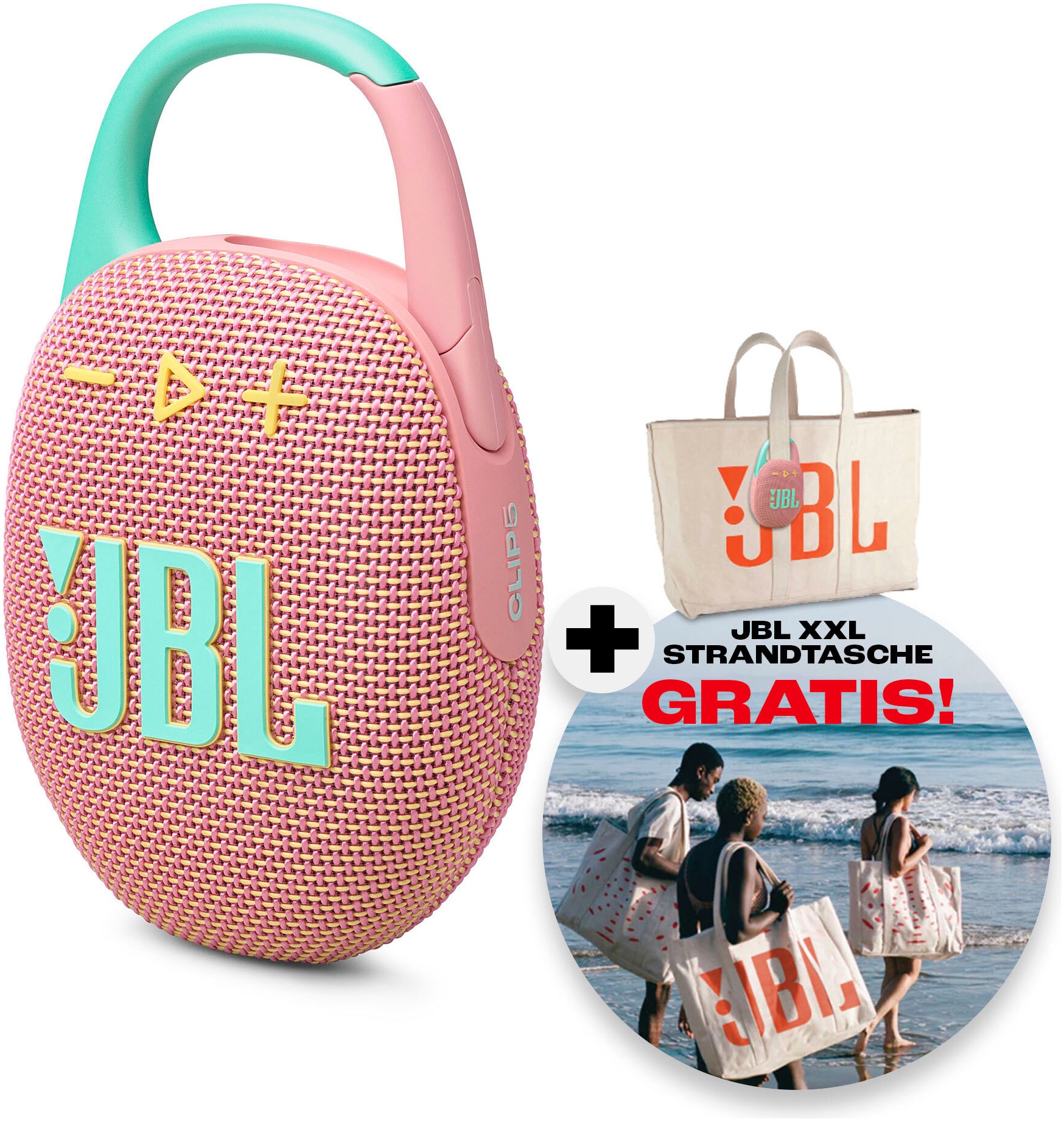 JBL Portable-Lautsprecher »Clip 5 (+ Gratis dazu: XXL-Strandtasche)«, ultra-kompakt, wasser- und staubgeschützt (IP67), 7 Watt RMS