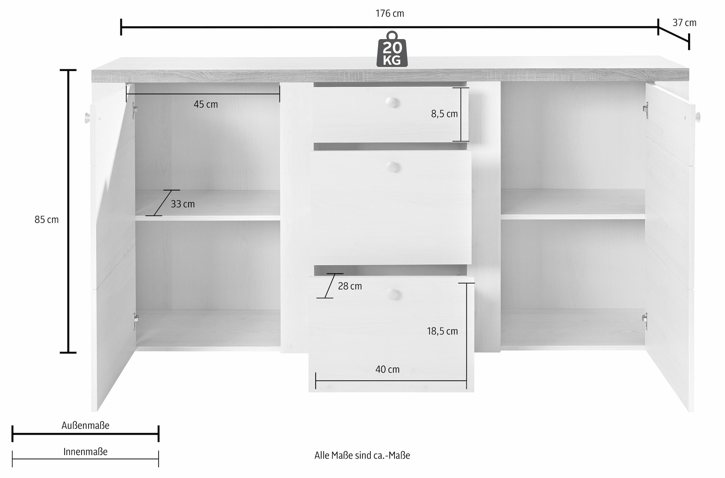 Home affaire Sideboard »Larona, zeitlose Kommode mit 2 Türen, 3 Schubkästen, Türkommode,«, Höhe 84 cm, viel Stauraum, Anrichte mit dekorativer Rahmenoptik