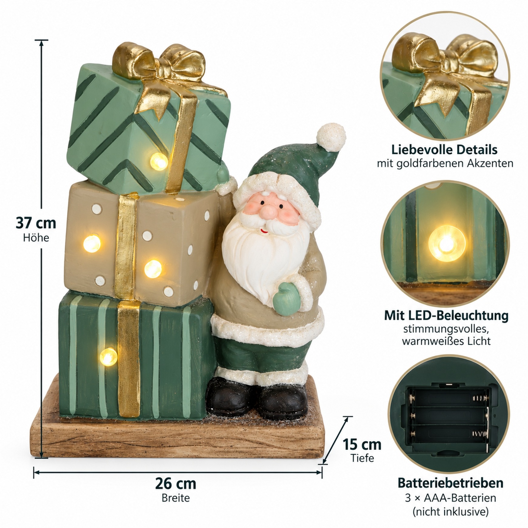 I.GE.A. Weihnachtsfigur »LED Weihnachtsmann mit Geschenken 37 cm Weihnachtsdeko« LED-Dekofigur für Advent, Nikolaus und Weihnachtszeit