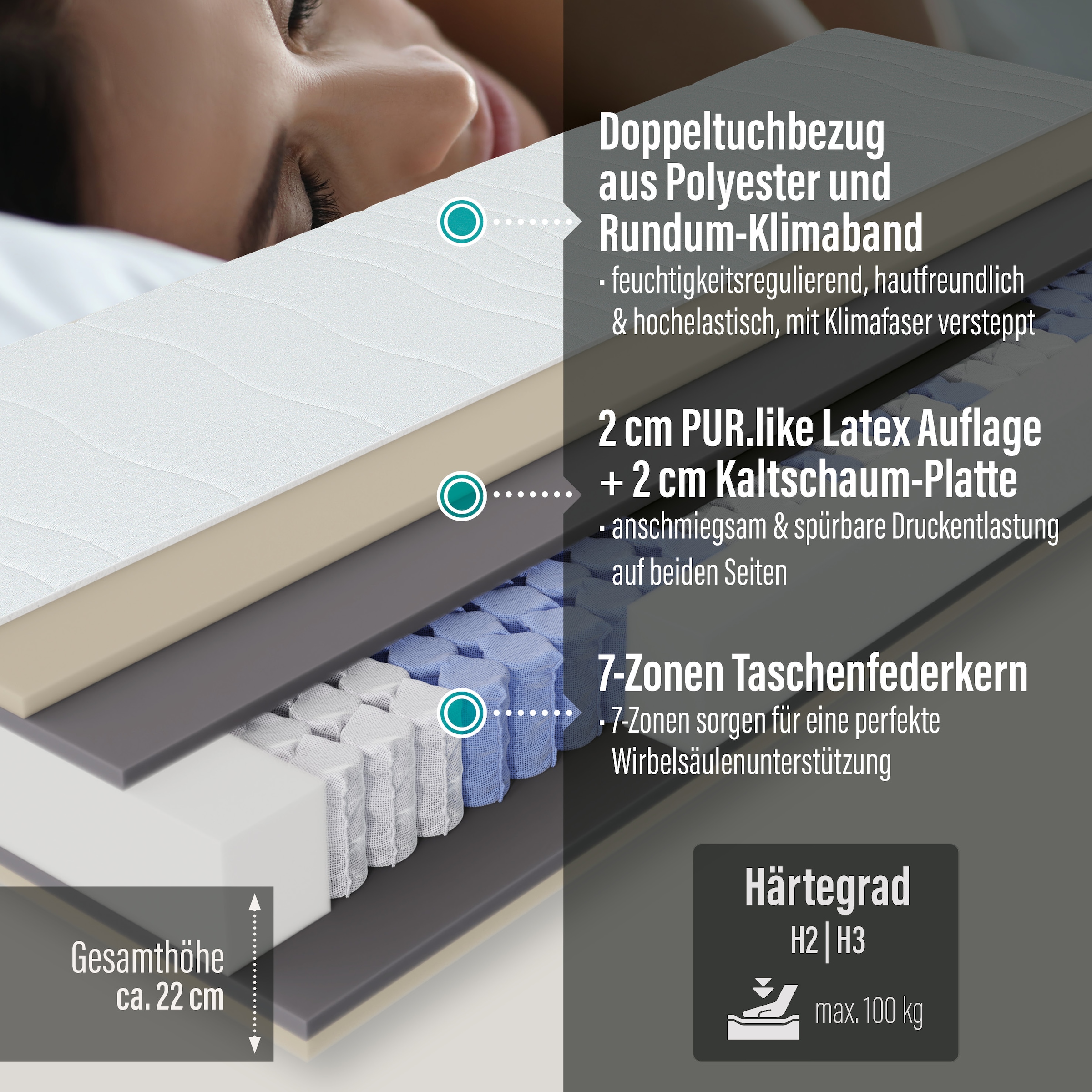Beco Taschenfederkernmatratze »Feel Like Latex TWIN - GOLD, Matratze 90x200 cm, 140x200 cm und mehr« 22 cm hoch 500 Federn 1 Stk. tlg. Premium-Hybridmatratze für besten Schlafkomfort, atmungsaktiv