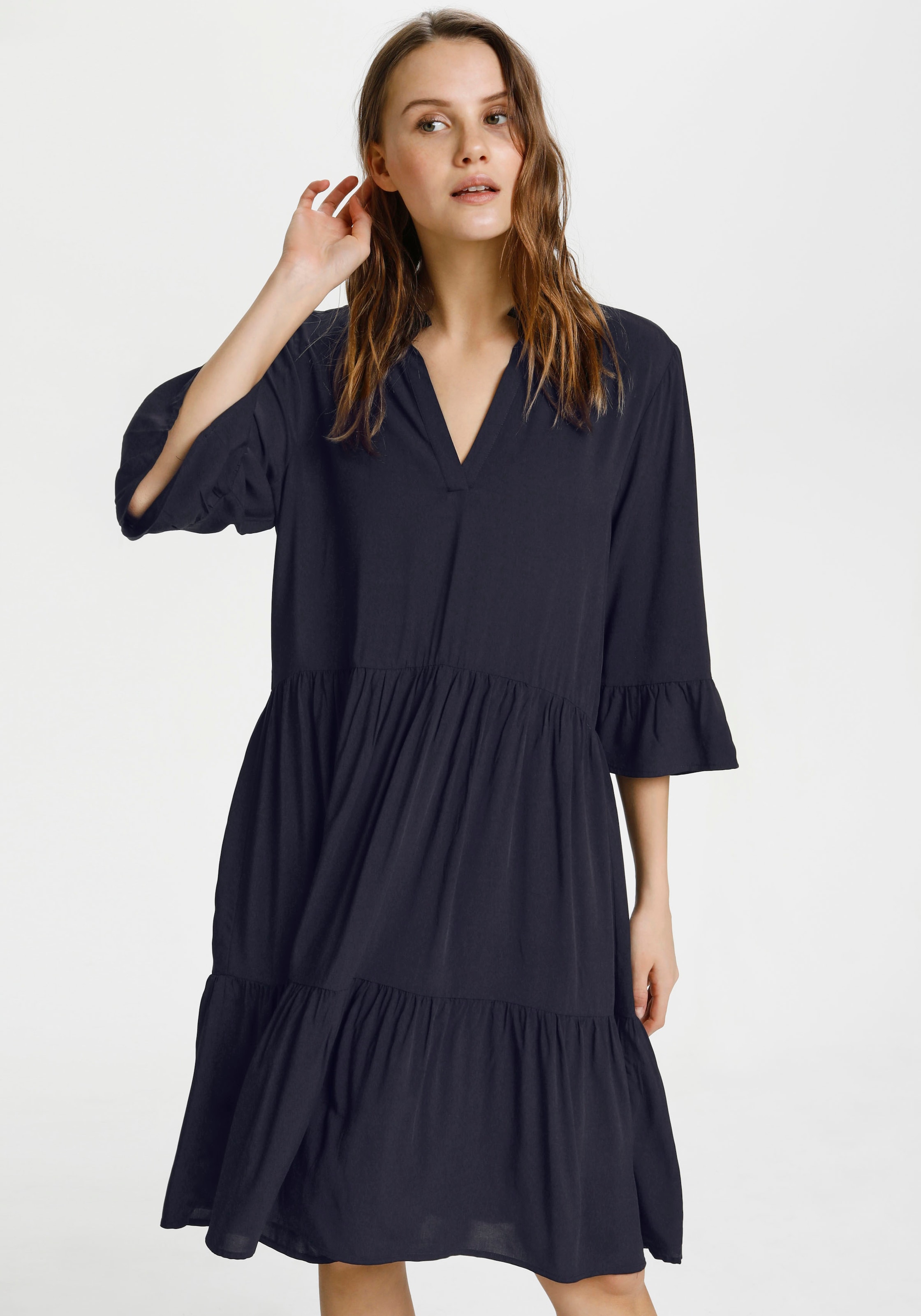 Saint Tropez Blusenkleid "EdaSZ SOLID", Sommerkleid, mit Volants und Raffun günstig online kaufen