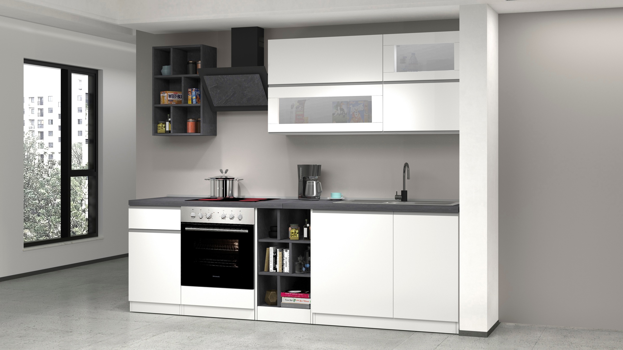 Kochstation Küchenzeile »KS-Sole«, Breite 256 cm, Hängeregal, Geschirrabtropfschrank, ohne E-Geräte