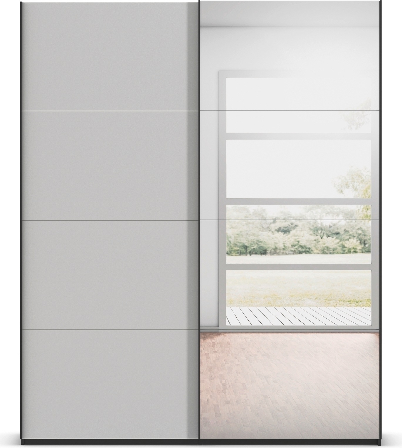 rauch Schwebetürenschrank »Kleiderschrank Schrank Garderobe Schlafzimmerschrank SCALE-FYRA«, edle viergeteilte Türen Spiegel/Glas-Mix viele Farben MADE IN GERMANY