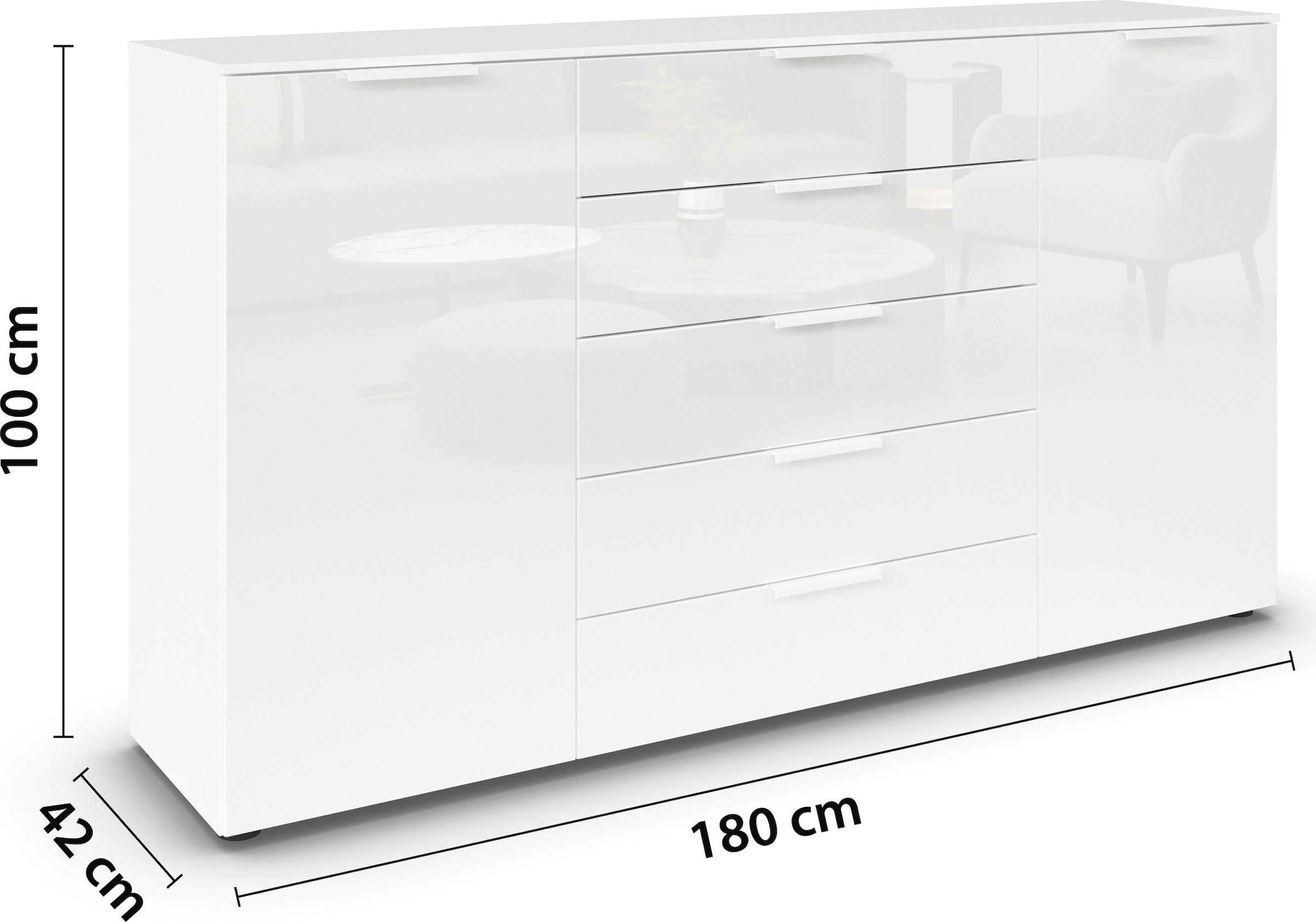 rauch Schubkastenkommode »Kommode Türkommode Sideboard Kombikommode FLIPP mit Glasfront«, (Breite 160/180 cm mit 4 Einlegeböden), 2-trg mit 5 Schubladen und Soft-Close, 2 Breiten MADE IN GERMANY