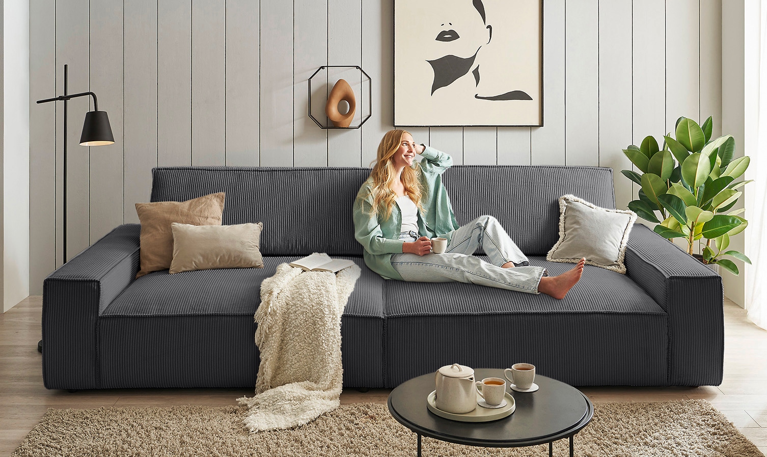 OTTO home Big-Sofa "SHERWOOD XXL Cord, Big-Sofa (316cm), extra tiefe Sitzfläche 95 cm" bequemer Sitzkomfort, Cord u. Leinenoptik, Kedernaht