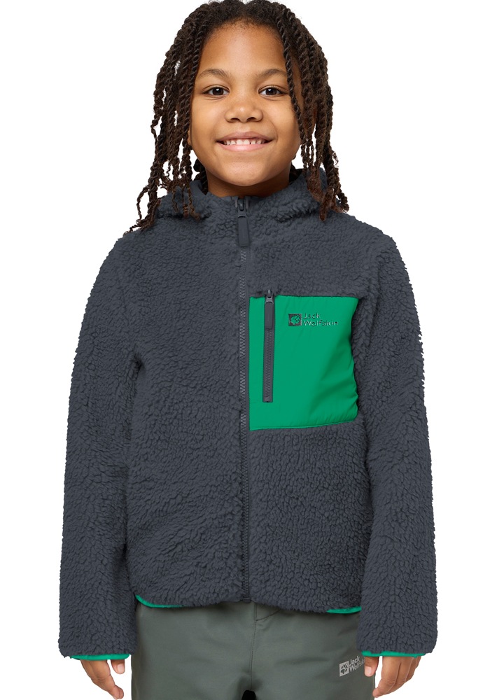 Fleecejacke JACK WOLFSKIN "ICE CURL HOOD JACKET K", Kinder, Gr. 140, phantom, gr, Fleece, Obermaterial: 100% Polyester, normal, hoch geschlossener Ausschnitt, eingesetzt eingefasste Kante, Jacken Fleecejacke, Übergangsjacke mit Kapuze, mit Brusttasche mit