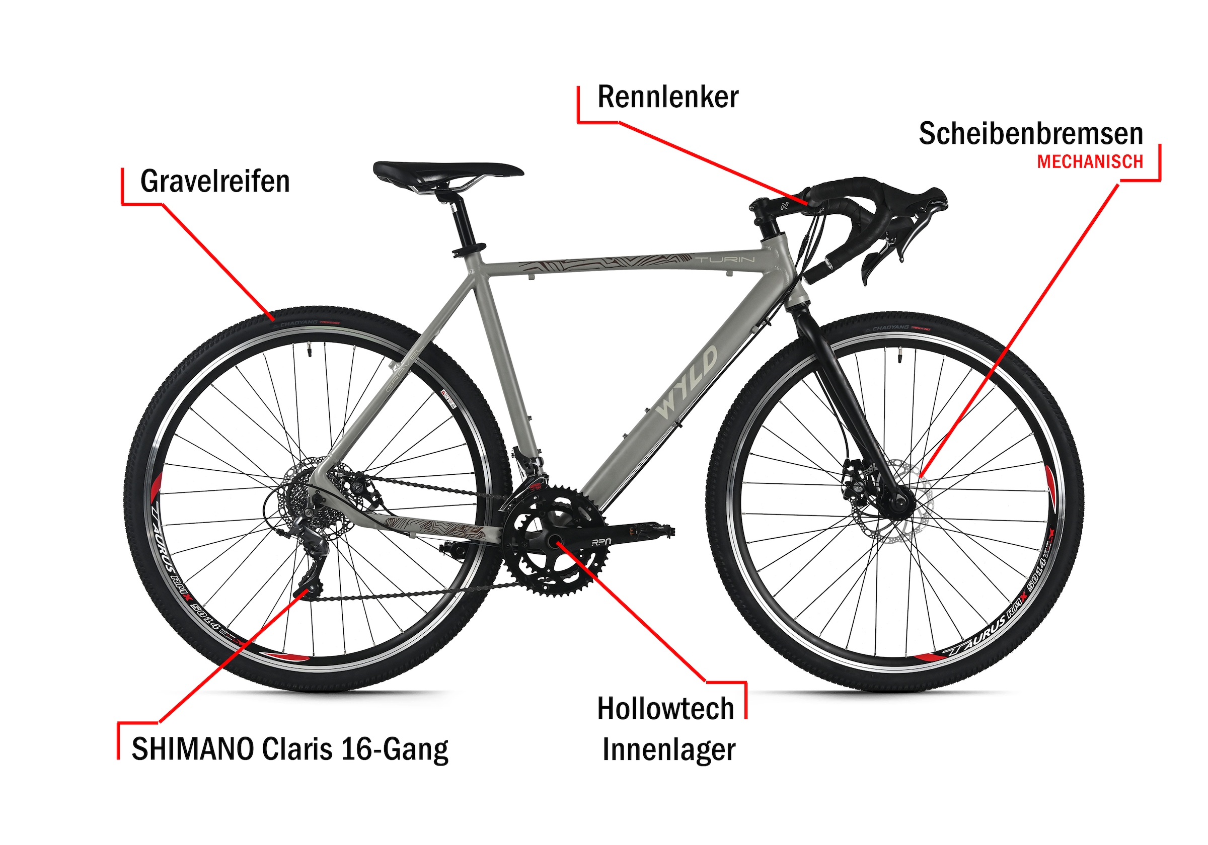WYLD Gravelbike »WYLD Gravelbike 28'' Turin Grau-Gelb 16 Gänge RH 56 cm« 16 Gang Kettenschaltung
