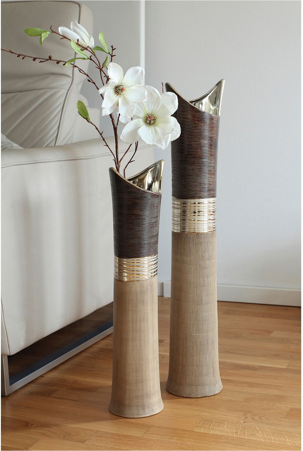 GILDE Bodenvase »Bodenvase Bradora beige; braun H. 60 cm« Bodenvase, Streifenmuster, Blumenvase, modern, stilvoll, Geschenkidee