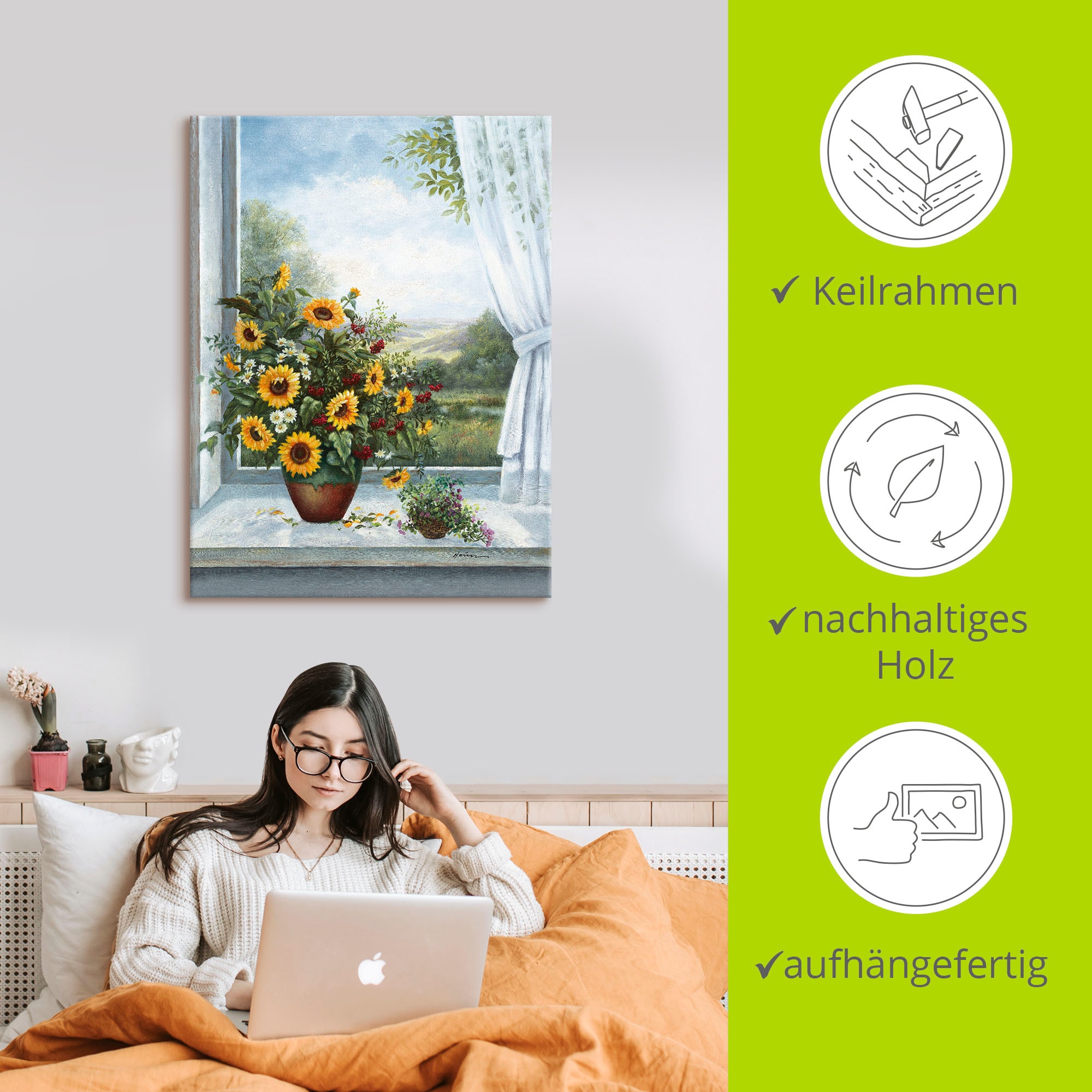 Artland Wandbild »Sonnenblumen am Fenster«, Arrangements, (1 St.), als Leinwandbild, Poster, Wandaufkleber in verschied. Größen