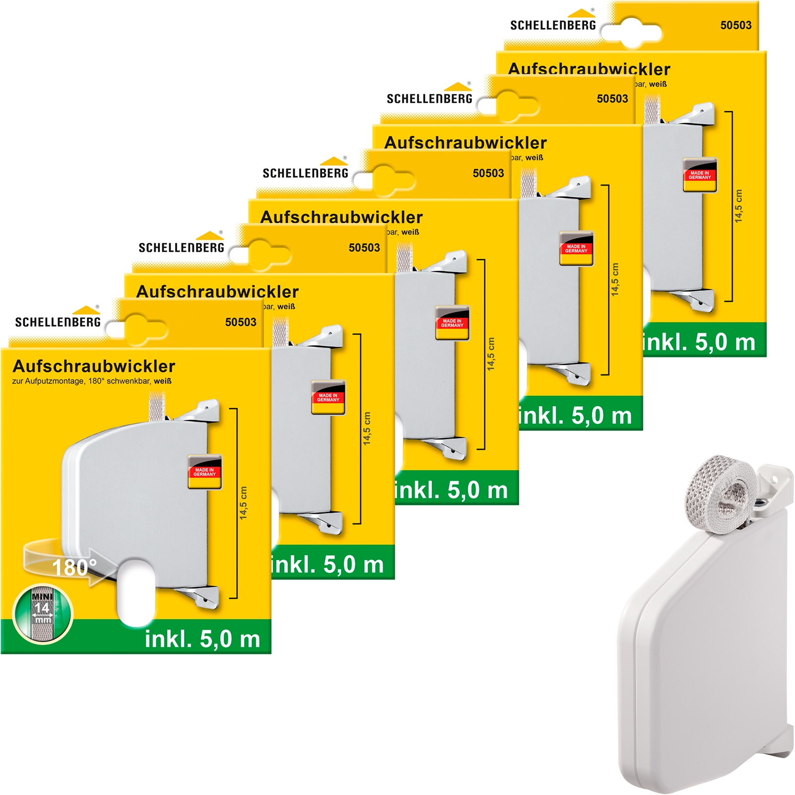 SCHELLENBERG 1100000002199 "Aufschraubwickler für das Rollladensystem Mini" Set, 5 Stk. tlg. schwenkbar, mit vormontiertem Rollladengurtband, braun oder weiß