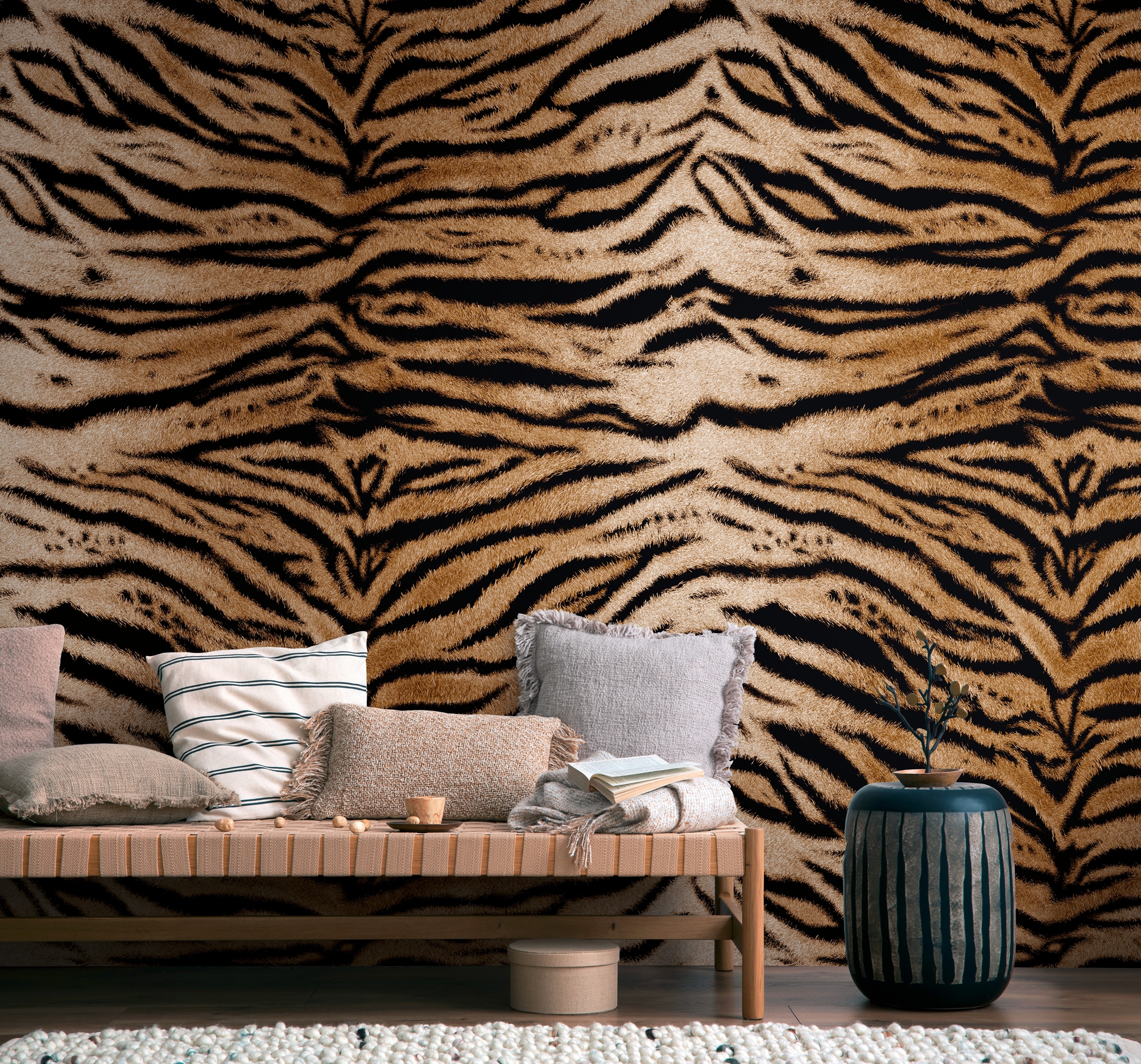 living walls Fototapete "THE WALL III Tiger Tapete Motivtapete Fell Tiger" matt glatt Vliestapete Animalprint für Schlafzimmer Küche Wohnzimmer Tiger Design