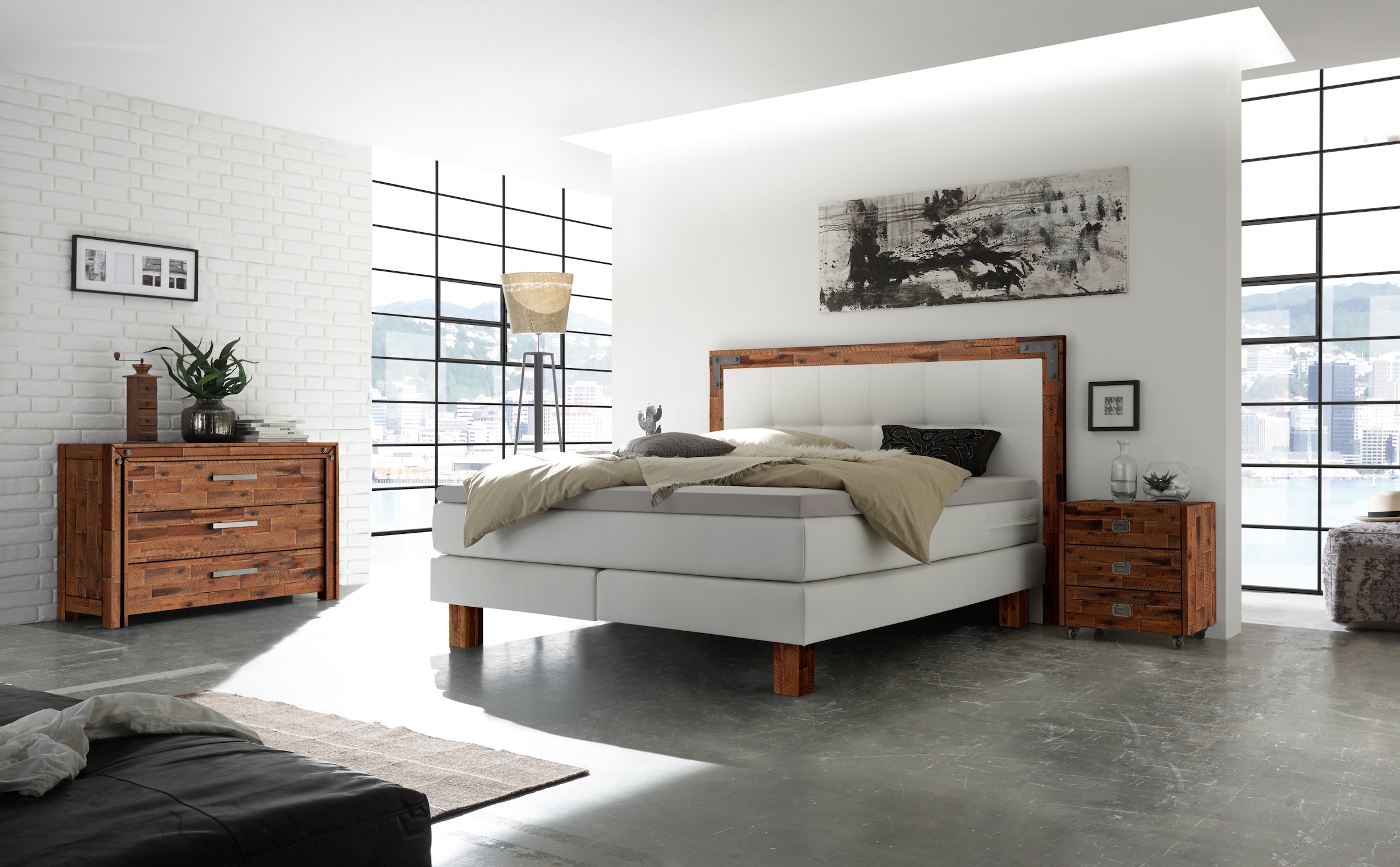 HASENA Boxspringbett Memphis, im Vintagelook, Massivholz-Umrandung, Tonnentaschen-Federkernmatratze