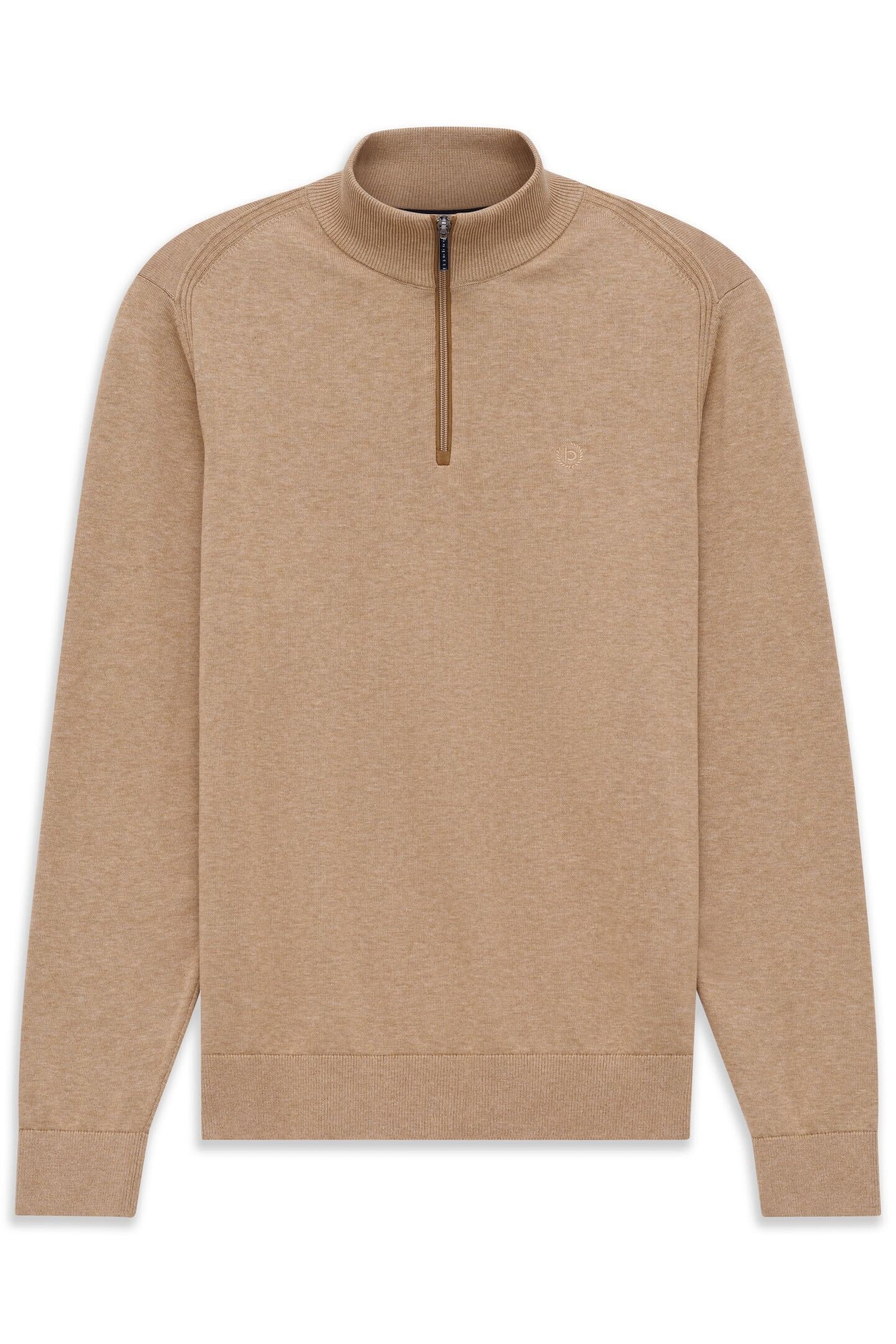 Troyer BUGATTI "Regular Fit", Herren, Gr. L, 40, beige, Sweatware, 100% Baumwolle, unifarben, regular fit, ohne Ausschnitt, Pullover Troyer, aus Baumwolle mit Stehkragen 2