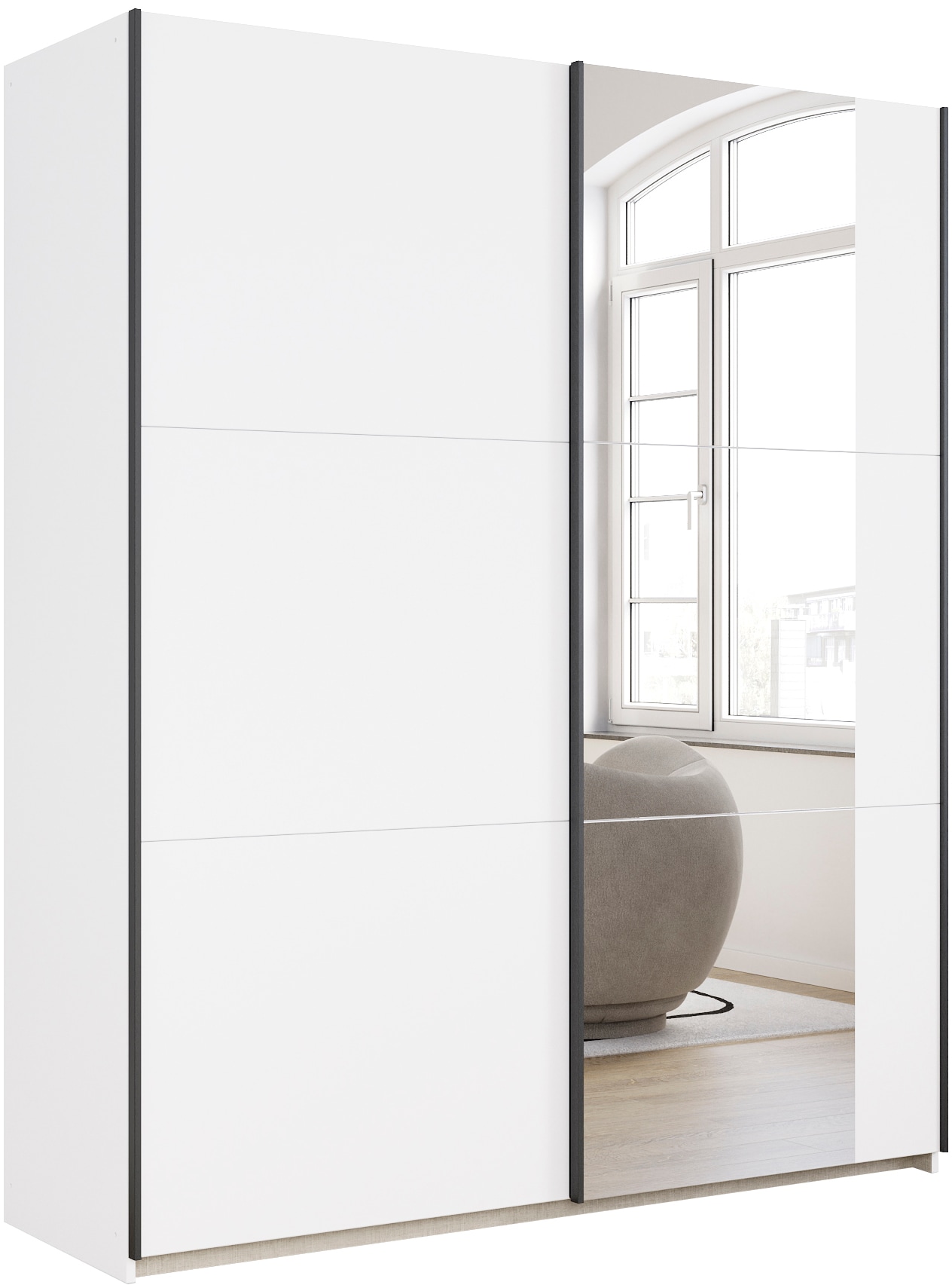rauch Schwebetürenschrank "Kleiderschrank Drehtürenschrank Schrank Garderobe KRONACH" in 3 Ausstattungen BASIC/CLASSIC/PREMIUM, Breiten 131/175/218/261 cm, optional ohne, mit 1 oder 2 Spiegel, viel Stauraum MADE IN GERMANY