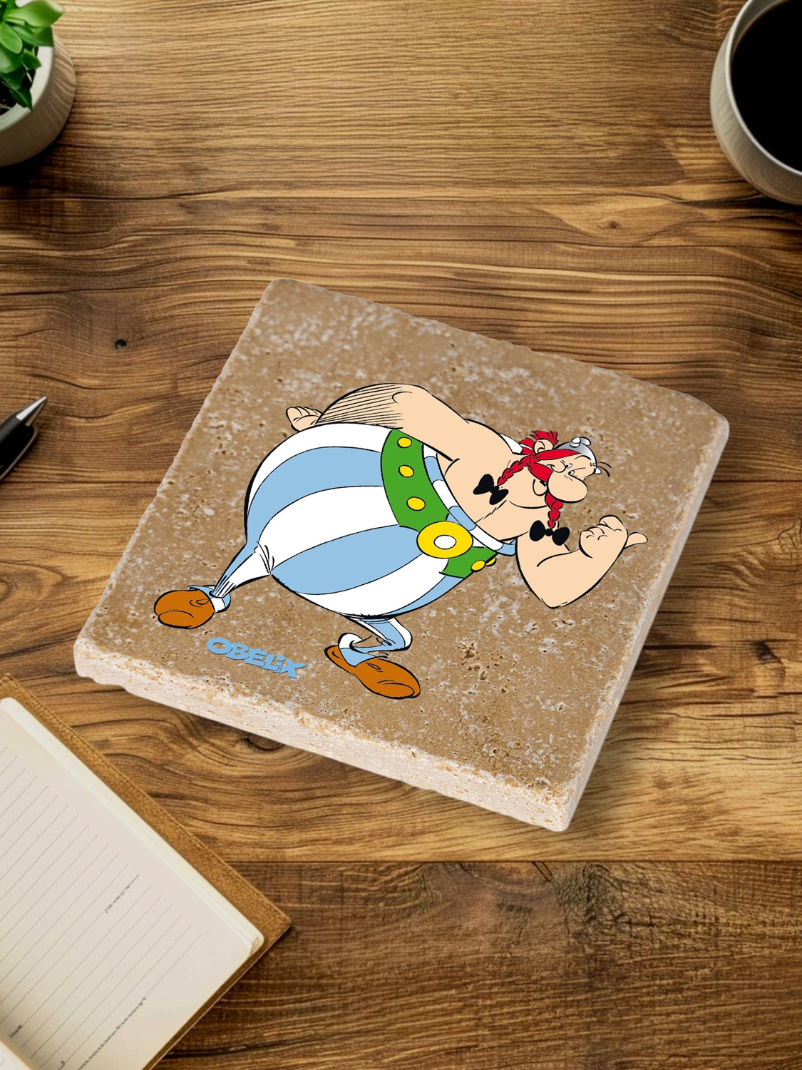 LuckyLinde Getränkeuntersetzer »Obelix Motiv Fliesen Steine«, (Set, 4 tlg.), Asterix Set Topfuntersetzer Naturstein Untersetzer 10x10x1cm