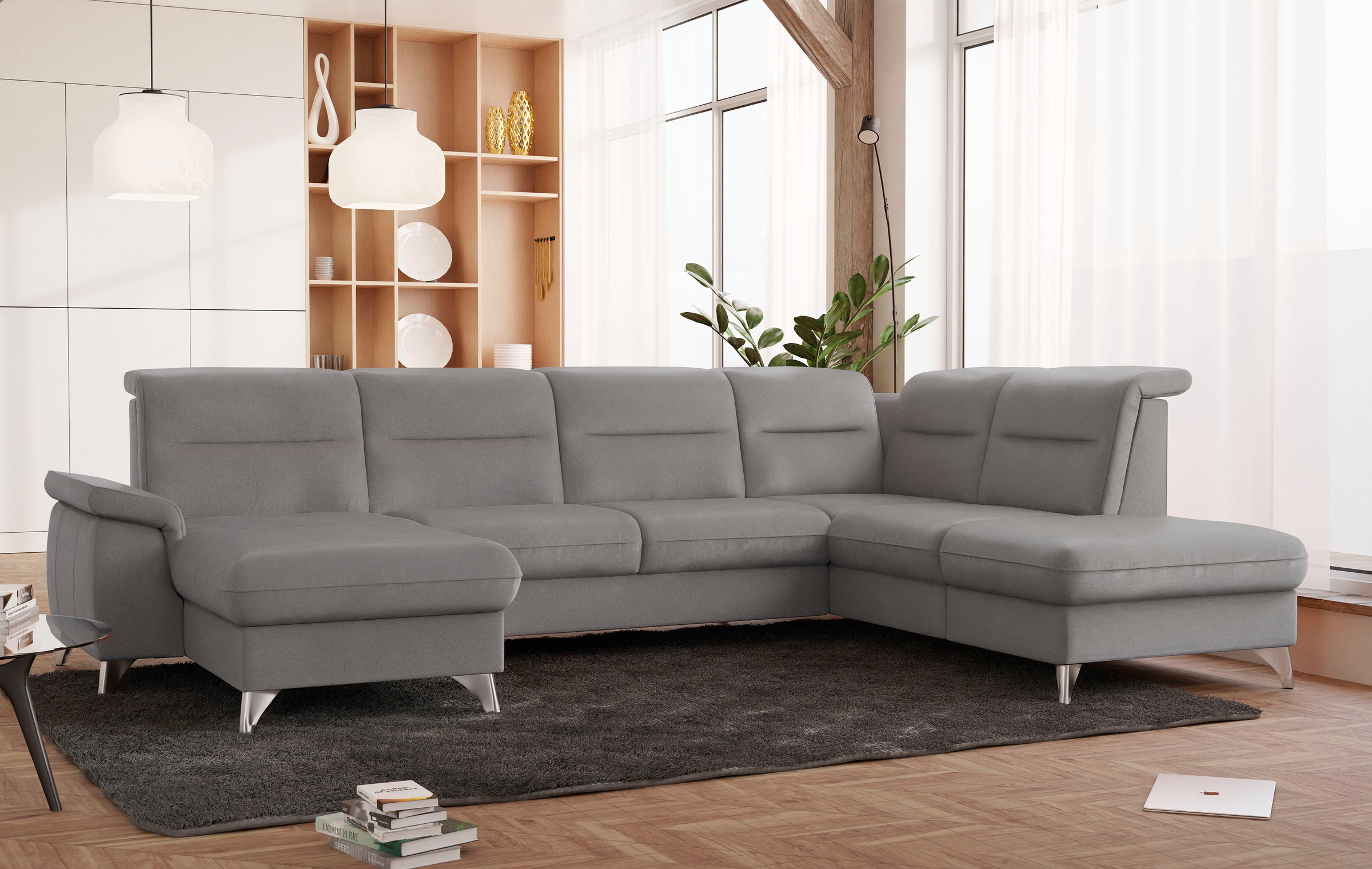 Wohnlandschaft SIT & MORE "Astoria U-Form", grau (hellgrau), B:327cm H:91cm T:225cm, 100% Polyester, Sofas, Wohnlandschaft, wahlweise mit motorischer Relaxfunktion