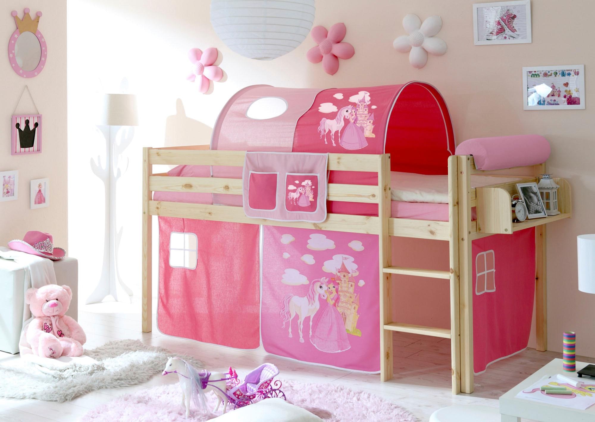 Hochbett TICAA, B:101cm H:114cm L:205cm, rosa, Jugendzimmer, Hochbetten, "Malte", mit Rollrost und in verschiedenen Ausführungen wahlweise mit