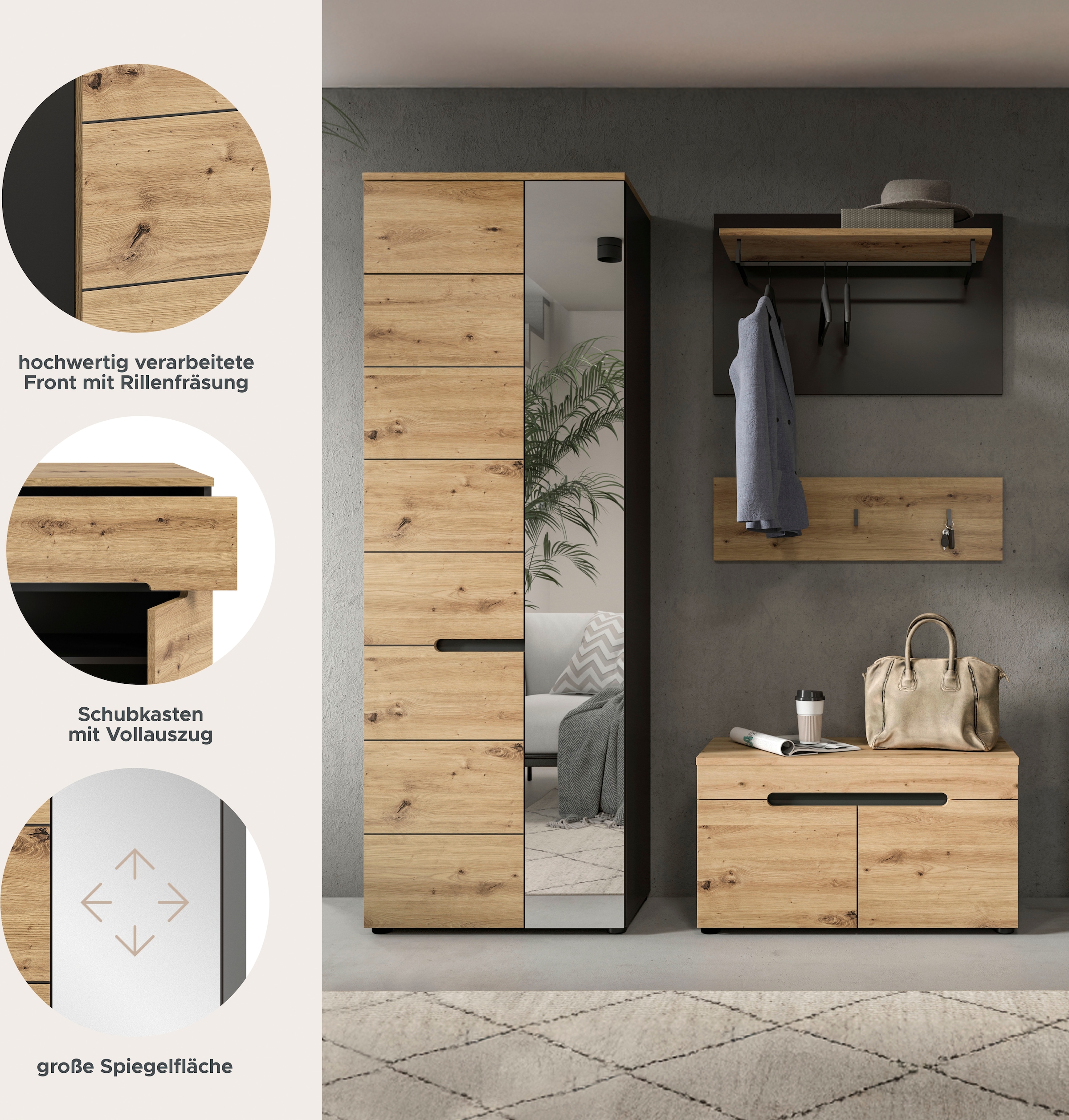 INOSIGN Garderoben-Set »REHAT, TOPSELLER!, 4-teilig, Breite 160cm, individuell stellbar«, (3 St.), Garderobenkombination, Kombination, Diele, Garderobe, Garderobenmöbel