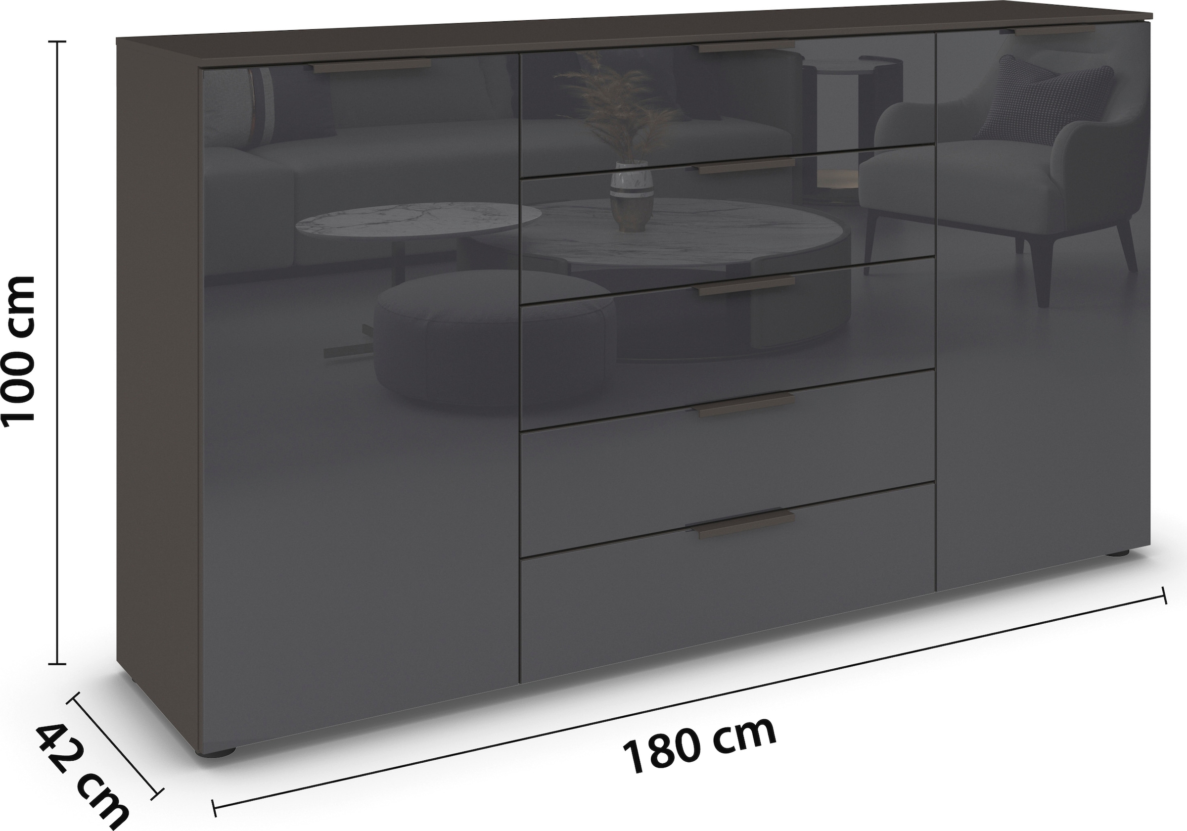 rauch Schubkastenkommode »Kommode Türkommode Sideboard Kombikommode FLIPP mit Glasfront«, (Breite 160/180 cm mit 4 Einlegeböden), 2-trg mit 5 Schubladen und Soft-Close, 2 Breiten MADE IN GERMANY