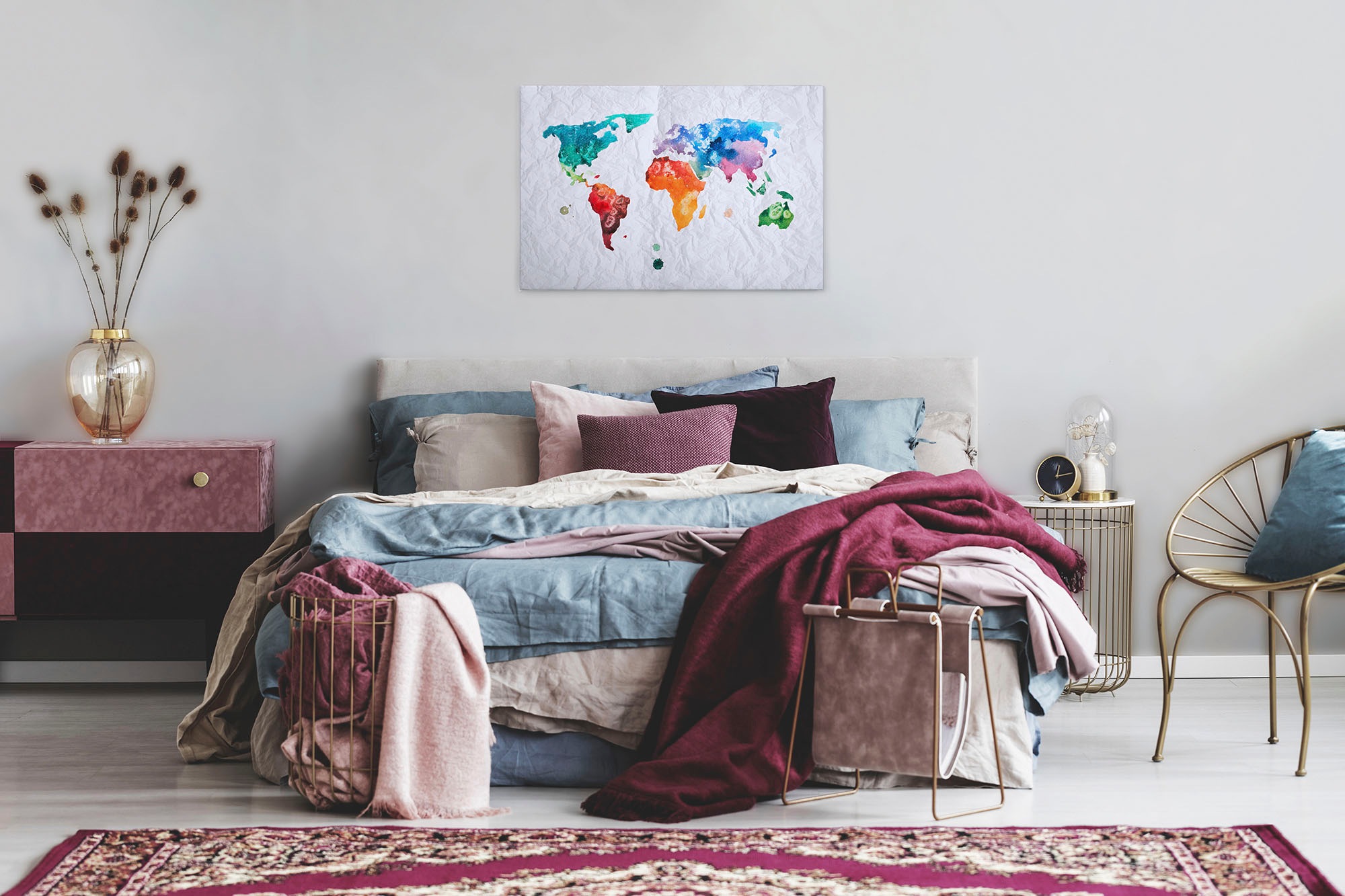 A.S. Création Leinwandbild »Colourful World«, Kunst-Weltkarte-Kinder, (1 St.), Atlas Weltkarte Bunt Aquarell Keilrahmen Leinwand-Bild Wohnzimmer Wand