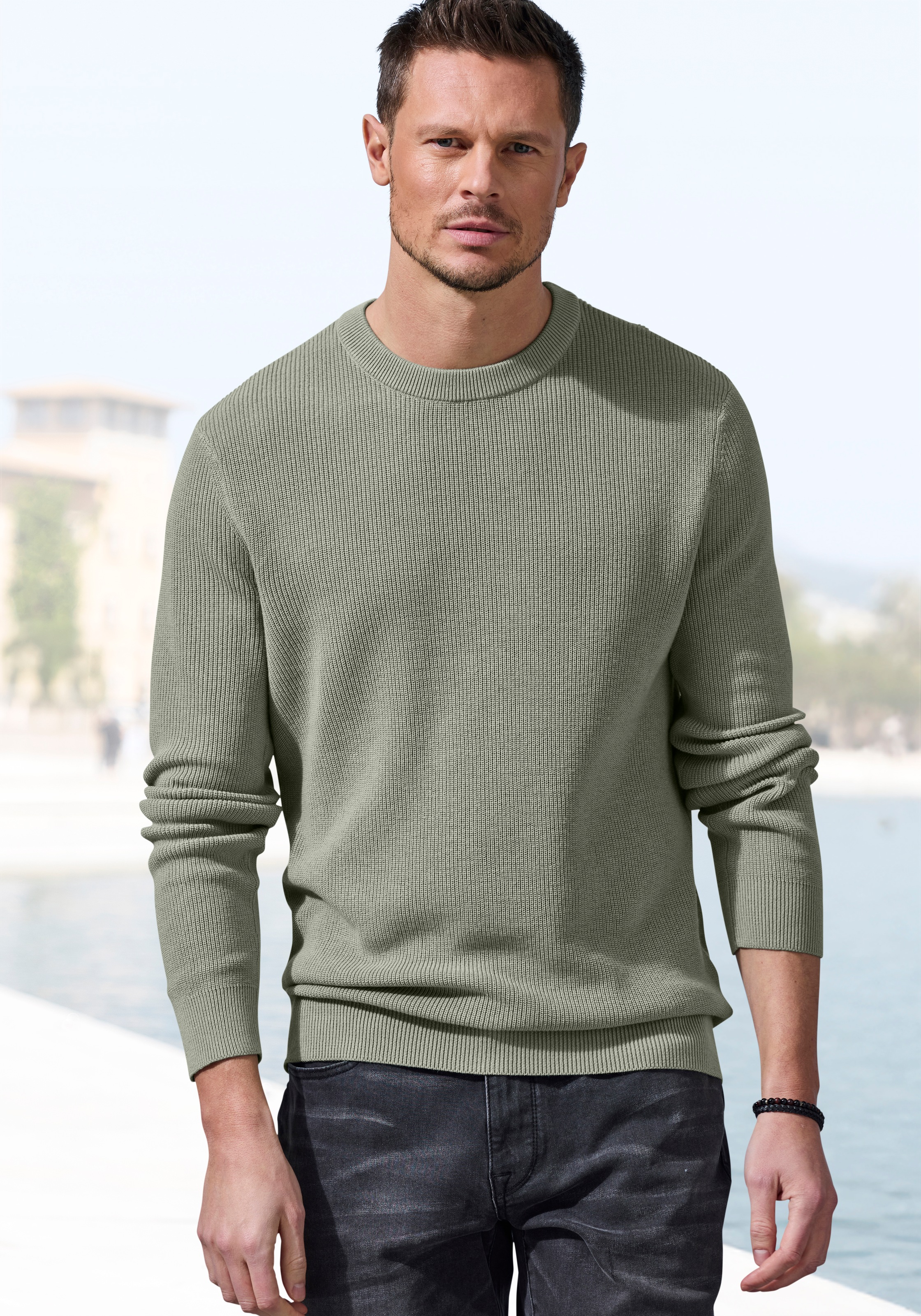Strickpullover JOHN DEVIN "bis Größe 5XL", Herren, Gr. M (48/50), grün (salbei), Strick, Obermaterial: 50% Baumwolle, 50% Polyacryl, unifarben, regular fit normal, Rundhals, Strickbündchen, Pullover Strickpullover, Pullover in modischen Farben aus Baumwol