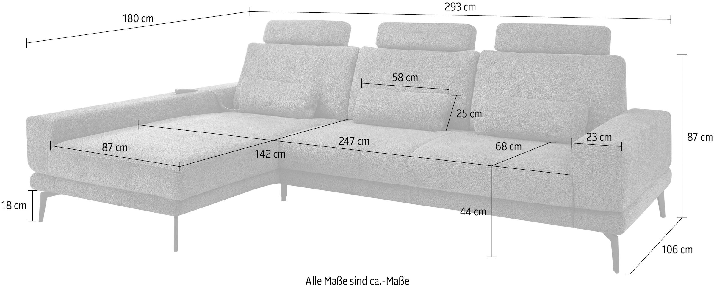 set one by Musterring Ecksofa »SO 3600«, mit Funktion, Kopfstützen und Nierenkissen, Breite 293 x Tiefe 180 cm