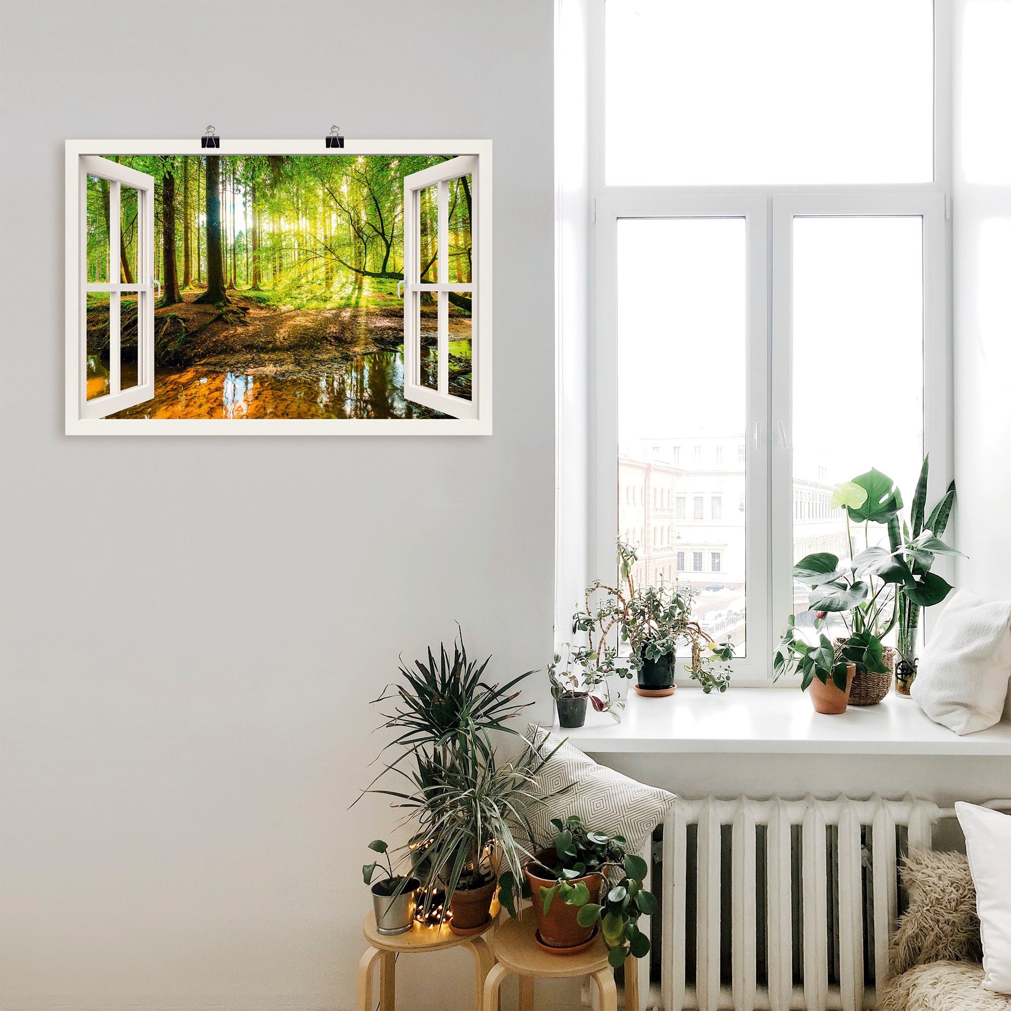 Artland Wandbild »Fensterblick - Wald mit Bach«, Wald, (1 St.), als Leinwandbild, Poster, Wandaufkleber in verschied. Größen