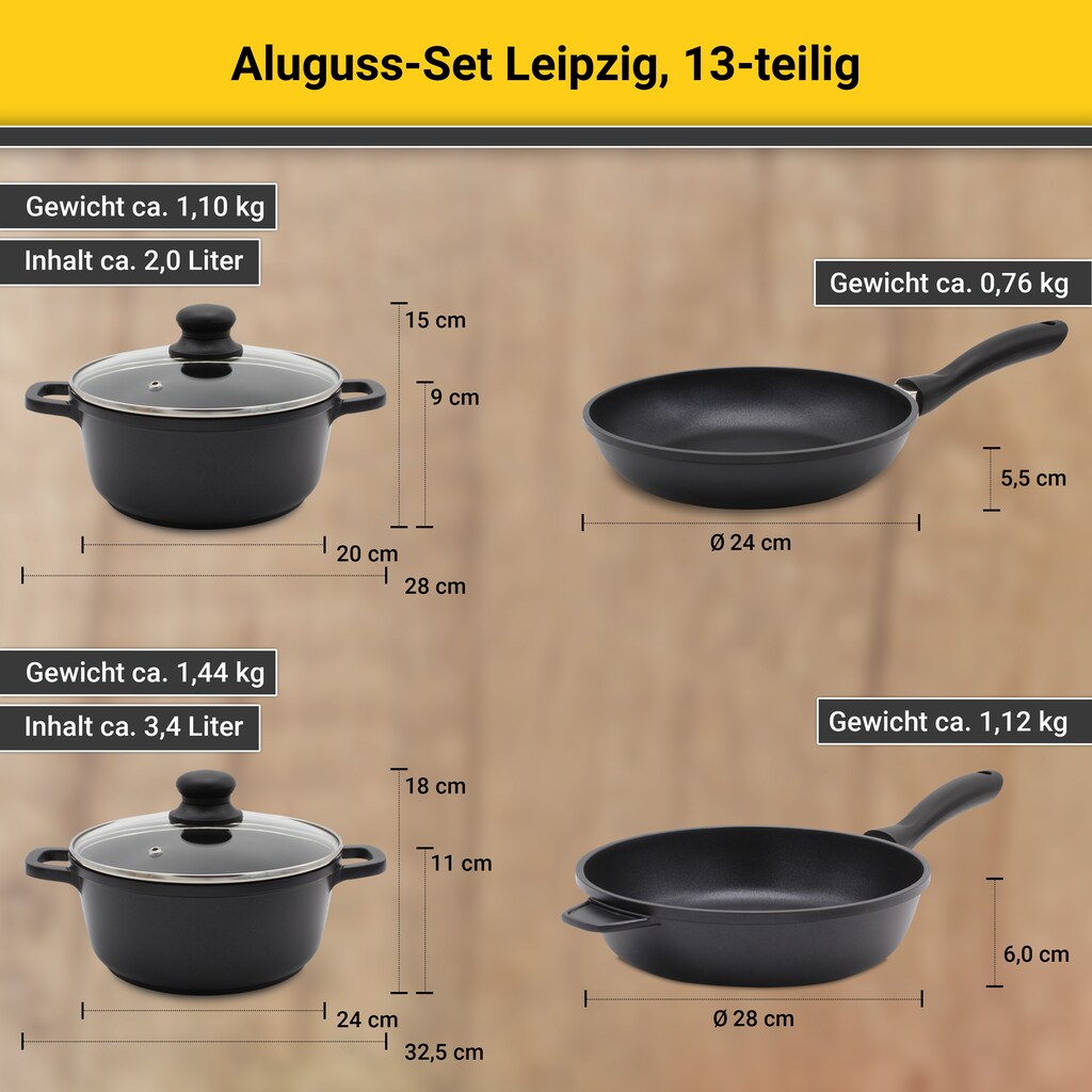 Krüger Pfannen-Set »Aluguss Topf- und Pfannenset LEIPZIG inkl. Küchenhelfern, 13 tlg.«, Aluminiumguss, (Set, 13 tlg., je 1x Bratpfanne Ø 24/28 cm, je 1x Kochtopf Ø 20/24 cm)