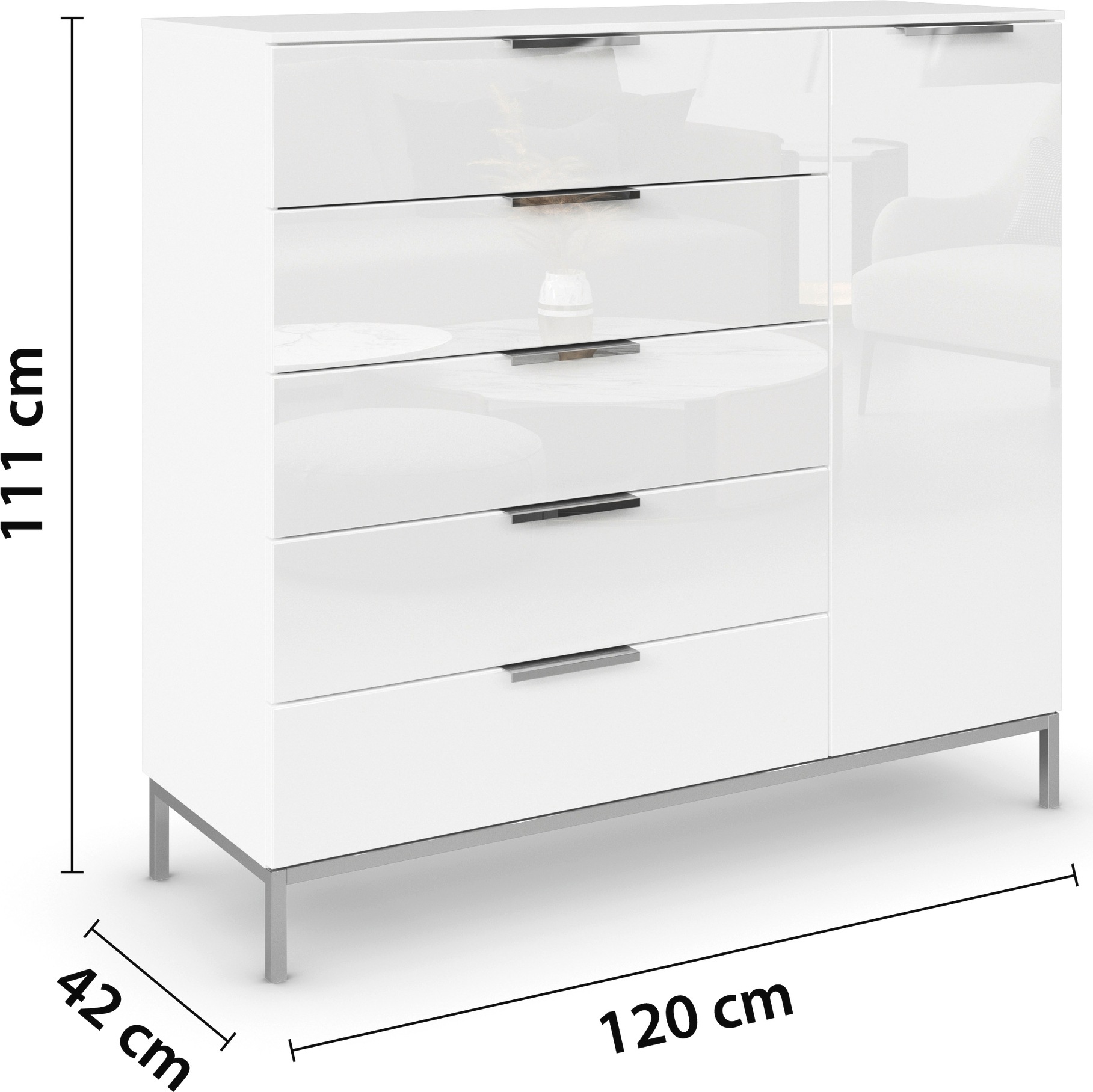 rauch Kombikommode »Kommode Türkommode Sideboard Kombikommode FLIPP mit Glasfront«, (Breite 120 cm mit 2 Einlegeböden), 1-türig mit 5 Schubladen und Soft-Close-Funktion sowie Glasfront