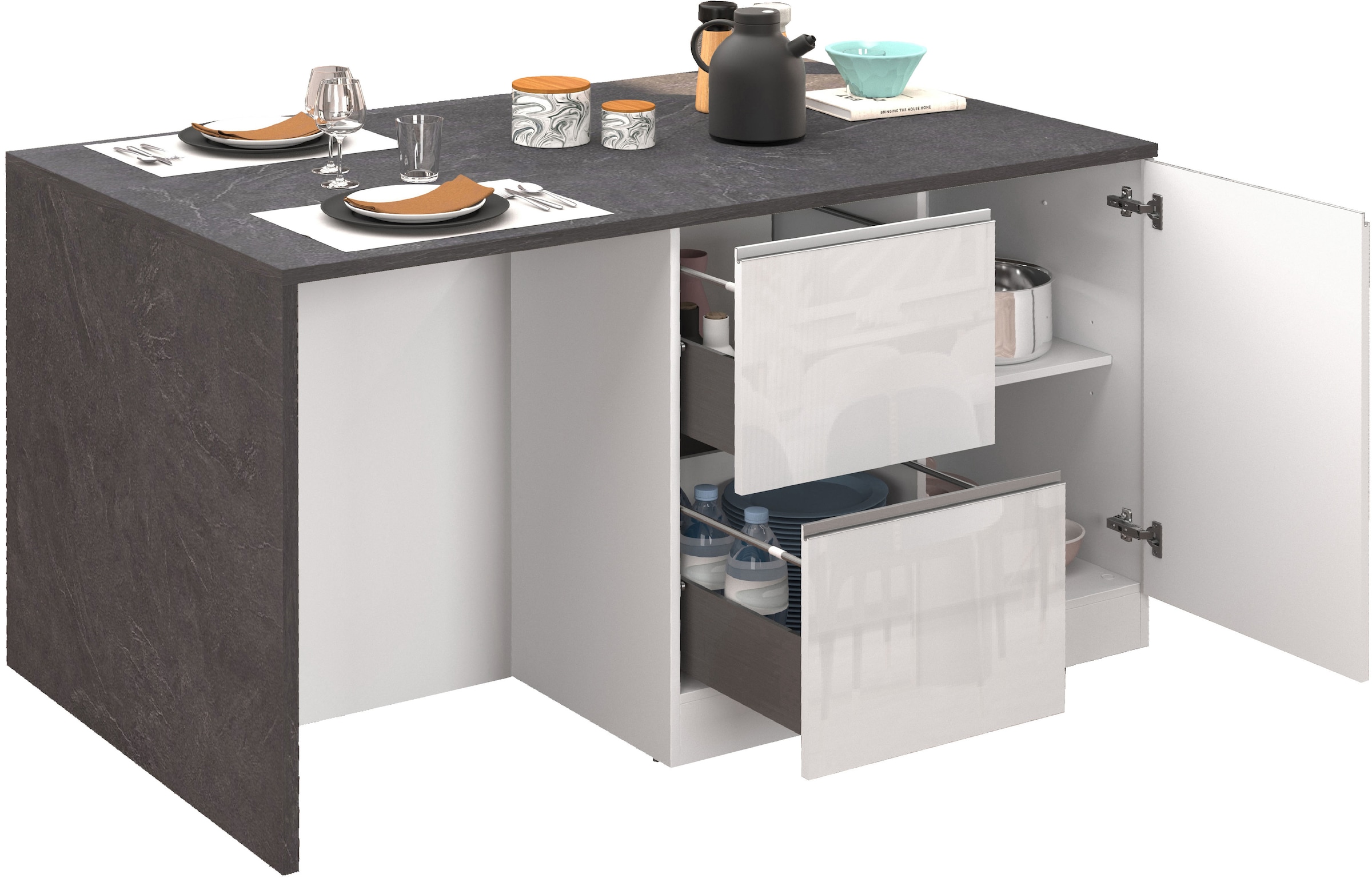 KOCHSTATION Kücheninsel »KS-Sole, Kochinsel, Küchenarbeitsblock, Inselküche, Arbeitsinsel« Breite 152,5 cm, mit Essplatz, Handtuchhalter, Fächer und Weinregal