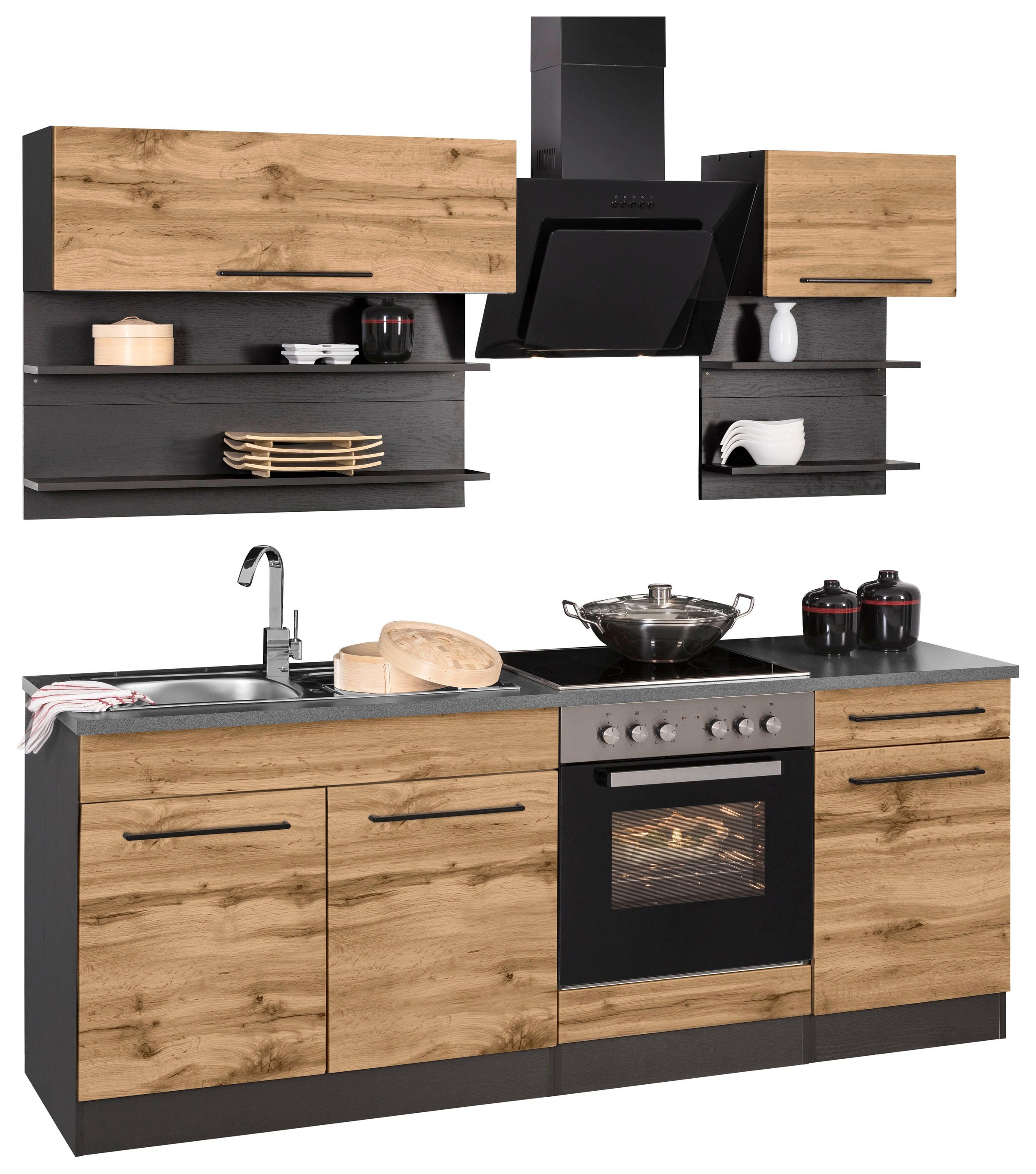 KOCHSTATION Küchenzeile »KS-Tulsa«, Breite 210 cm, schwarze Metallgriffe, hochwertige MDF Fronten