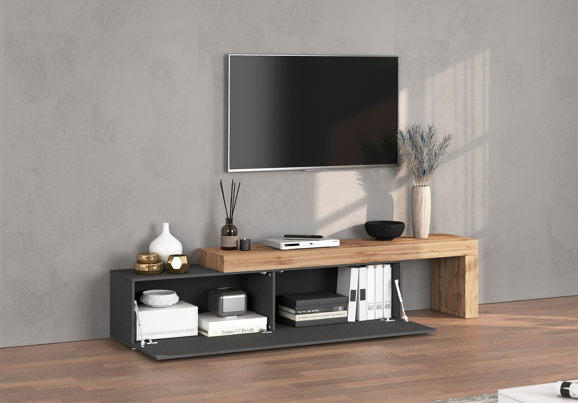 INOSIGN Lowboard »Chronos TV-Board, TV-Schrank« Breite verstellbar von 190 bis 350 cm, 1 Stk. tlg. Breite 270 cm TV-Board,Lowboard,1 Klappe und ein L-Förmiger Aufsatz