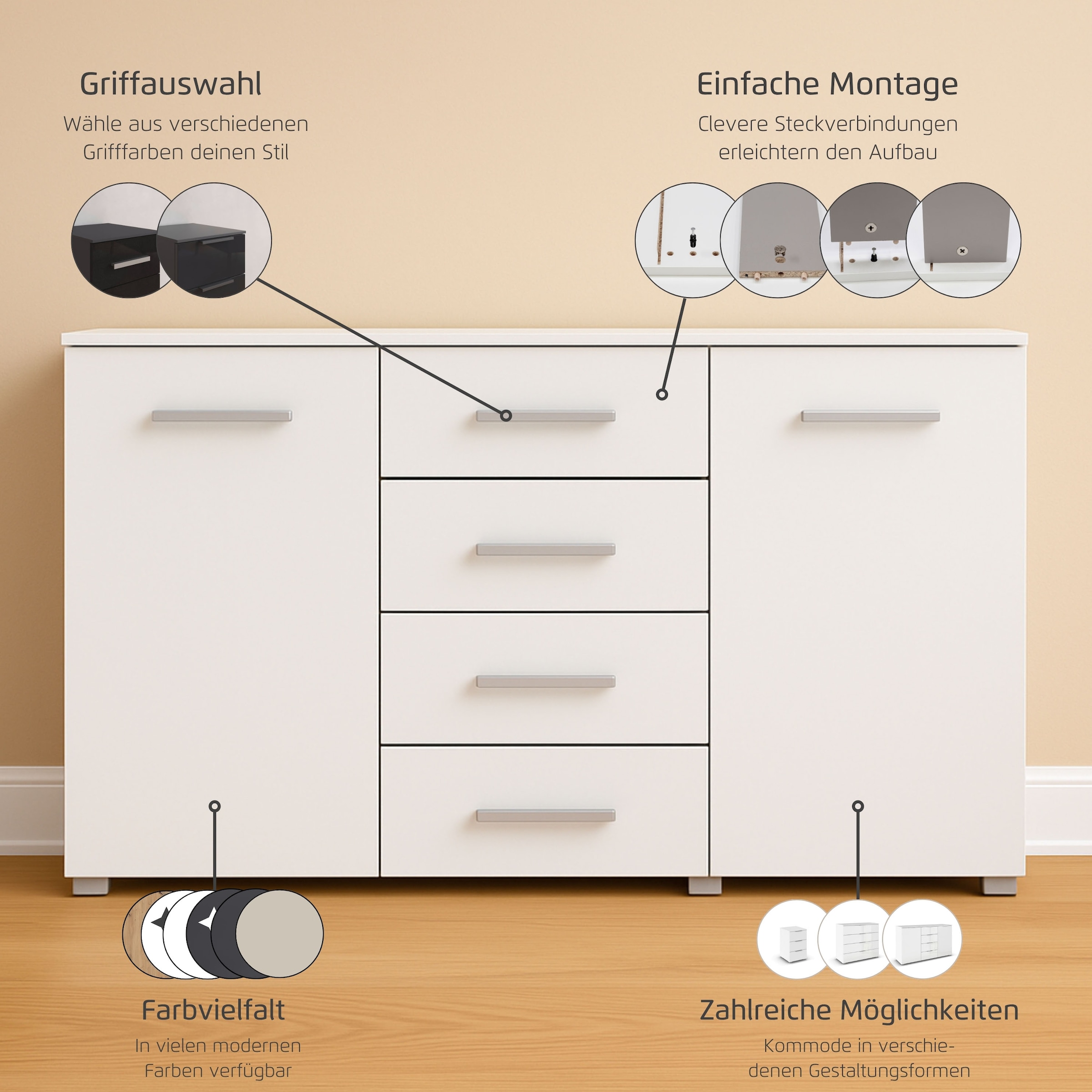 rauch Schubkastenkommode »Sideboard Kommode Kombikommode KOLUNA mit Dekorfront«, (Breite 120 cm inkl. Soft-Close-Funktion), vier große Schubladen, mit insgesamt 4 Einlegeböden MADE IN GERMANY