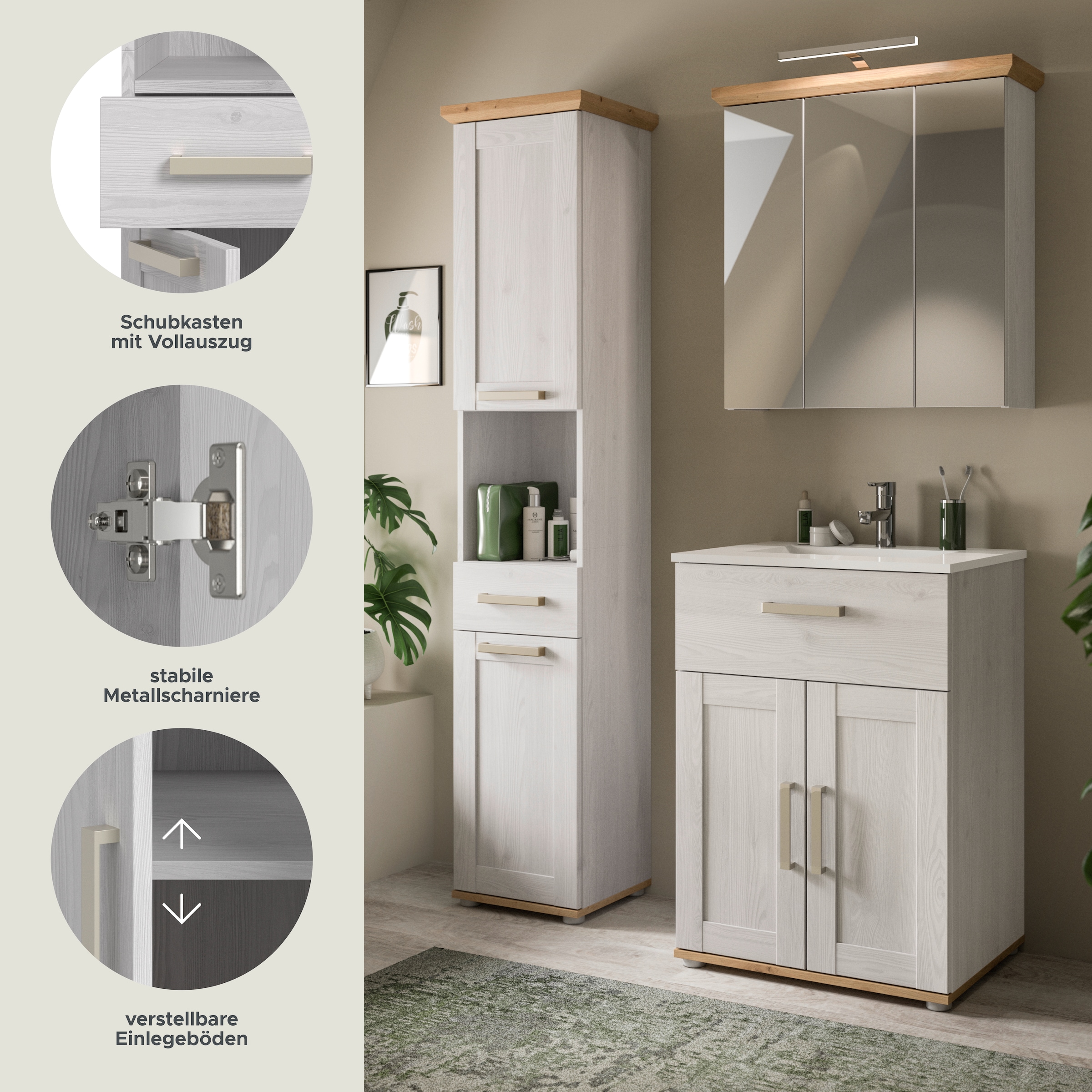 welltime Badmöbel-Set »COSENZA, 3-teilig, inkl. Beleuchtung, mit farblich abgesetztem Kranz« best.aus: Hochschrank, Waschtisch inkl. Waschbecken & Spiegelschrank, 4 Stk. tlg.