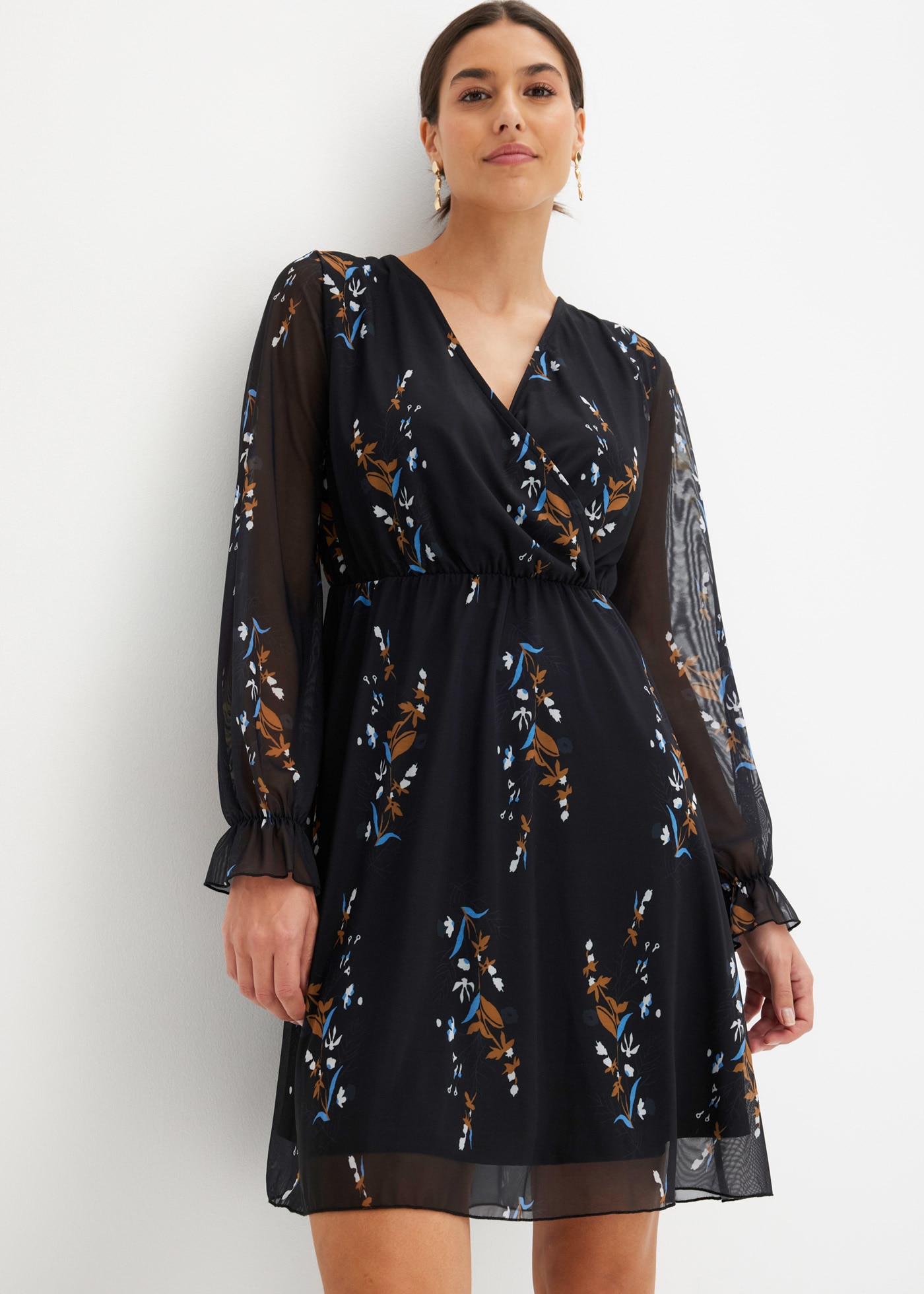 bonprix Minikleid mit langem Arm, V-Ausschnitt, Wickel-Optik, mit floralem Print