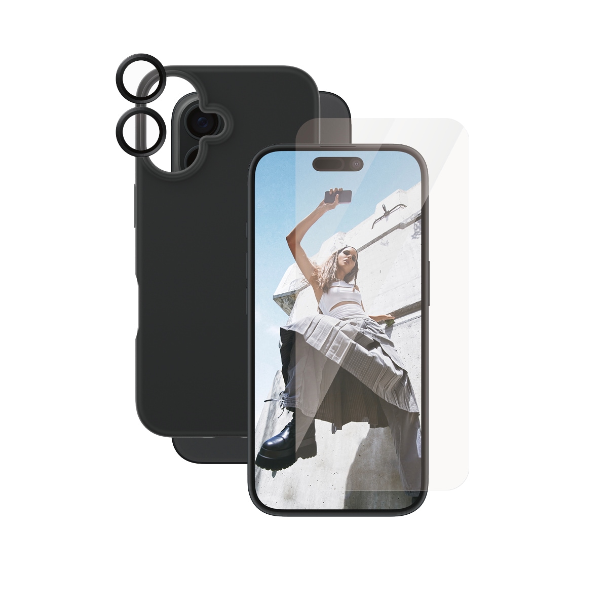 CARE by PanzerGlass Displayschutzglas »3-in-1 Protection, Glass, Case, Lenscover«, für Apple iPhone 16, Displayschutzfolie, Schutzfolie, Bildschirmschutz, kratz- & stoßfest