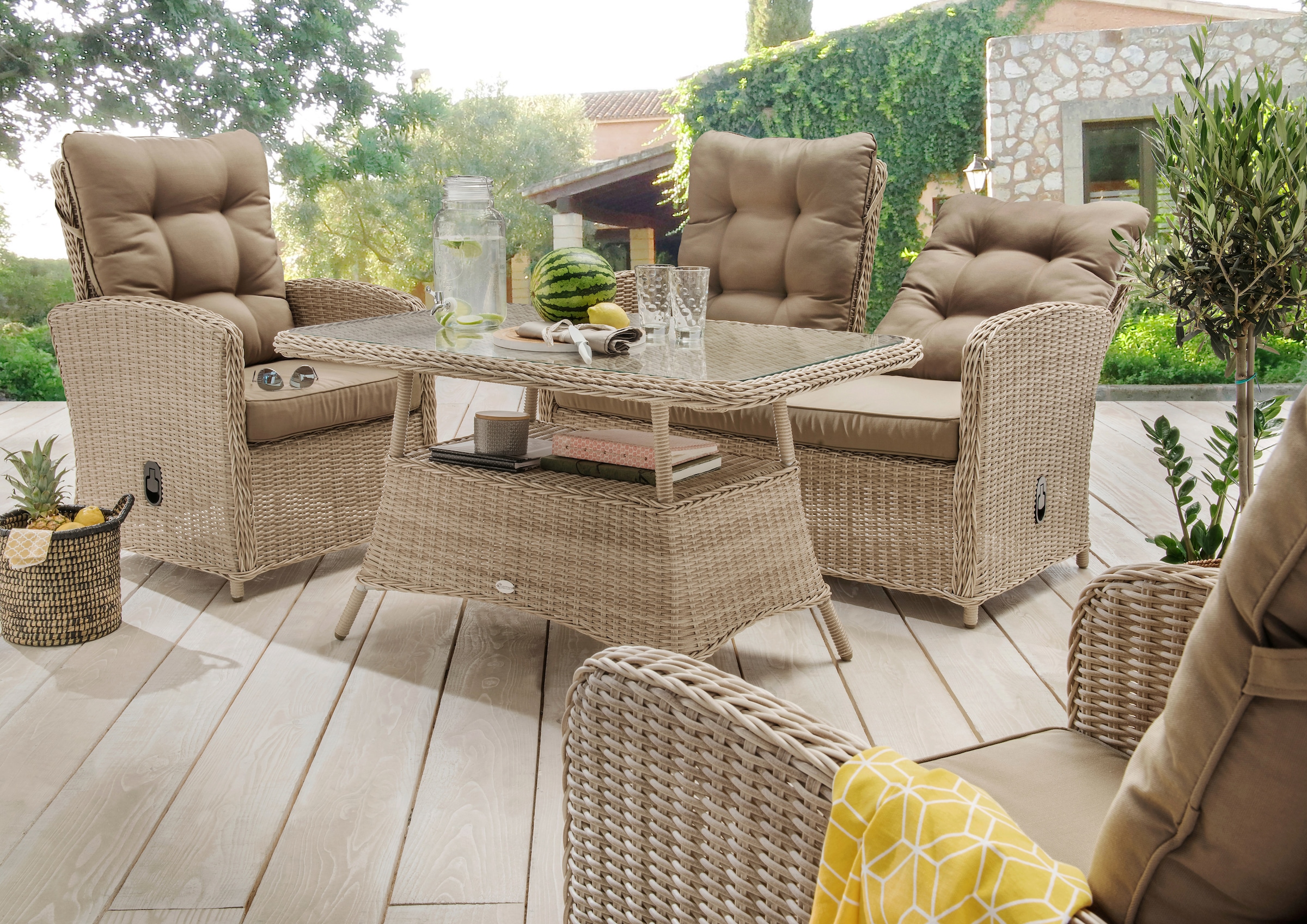 Destiny Gartenlounge-Set »MERANO«, BAUR 2 Sessel, | inkl. (11 Tisch 1 Polyrattan, 2er Auflagen tlg.), 120x77x66cm, Sofa