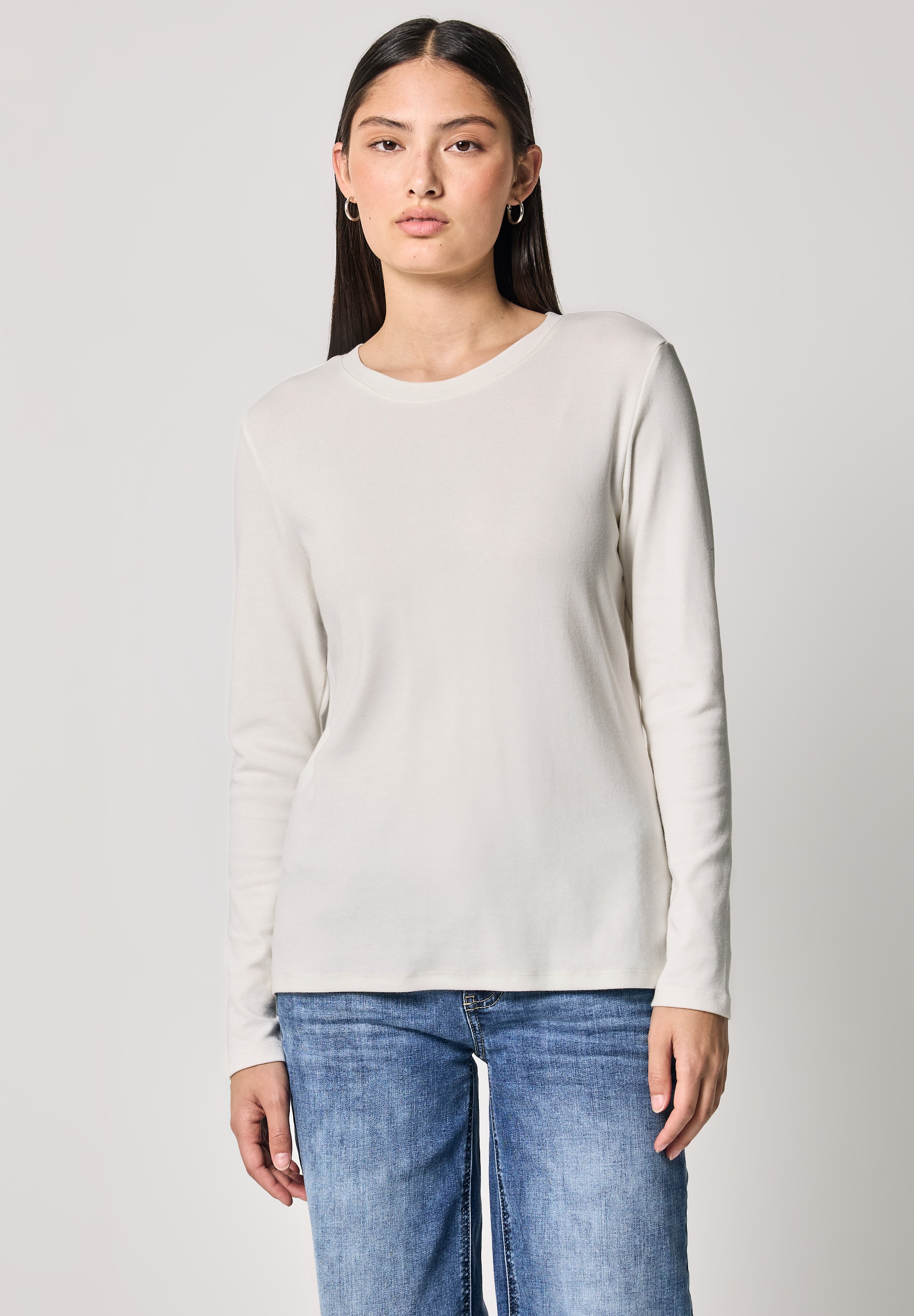 Langarmshirt STREET ONE STUDIO, Damen, Gr. 46, weiß (sanftes weiß), Web, 48% Baumwolle, 47% Modal, 5% Elasthan, unifarben, normal normal, Rundhals, abgesteppt, Shirts Langarmshirt, im soften Baumwoll-Mix