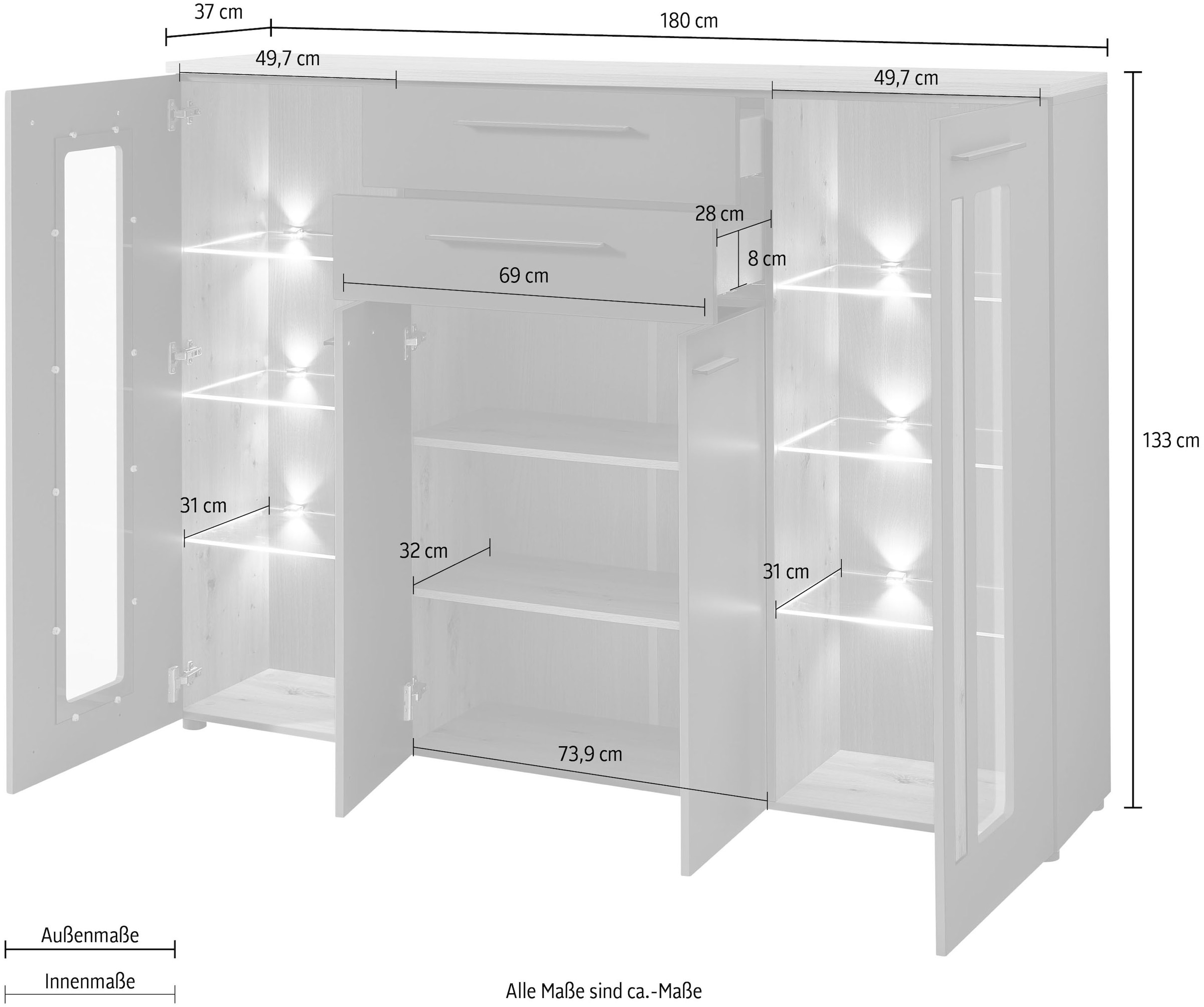 Innostyle Highboard »Loft Two«, Breite 180 cm, 2 Holztüren, 2 Schubkästen, 2 Glas-/Holztüren