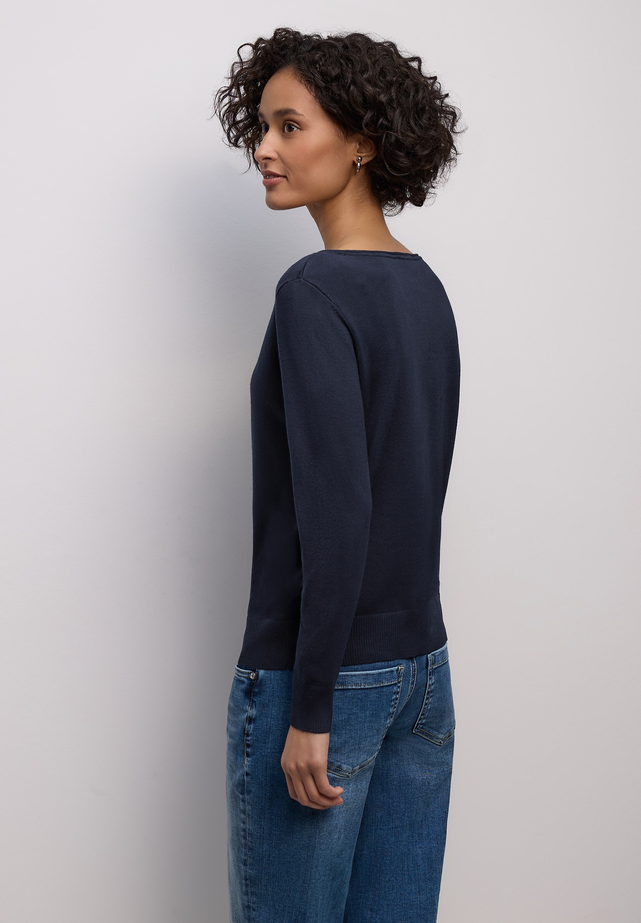 Longpullover STREET ONE, Damen, Gr. 40, tiefblau, Stoff, 86% Viskose, 14% Polyester, unifarben, comfort fit normal, U-Boot-Ausschnitt, Bündchen, Pullover Longpullover, mit Strick-Detail 2
