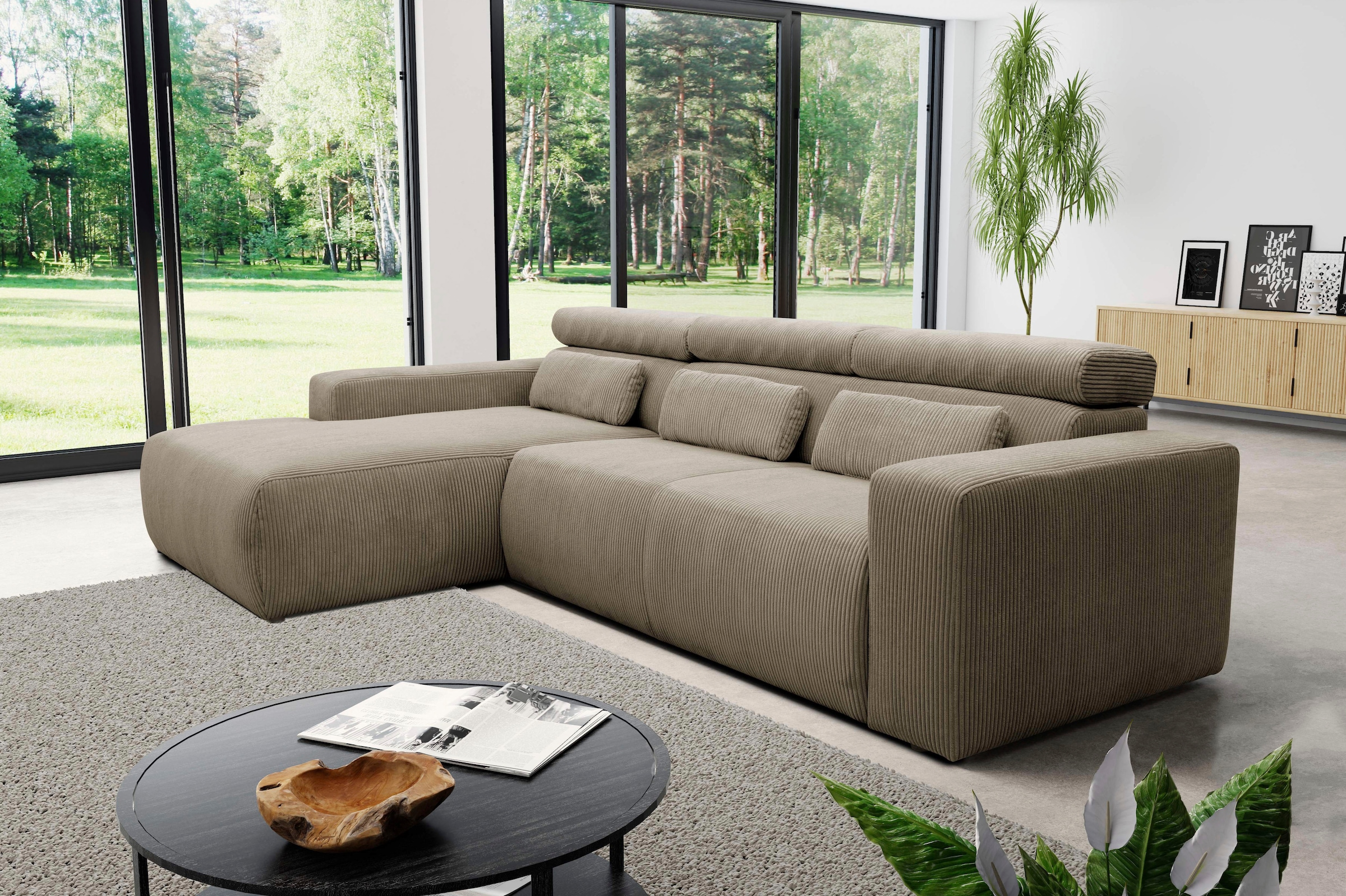 DOMO collection Ecksofa "BRANDON 289x177 cm, belastbar bis 140 kg/Sitz, L-Form" mit Sitztiefenverstellung, Cord, schlamm