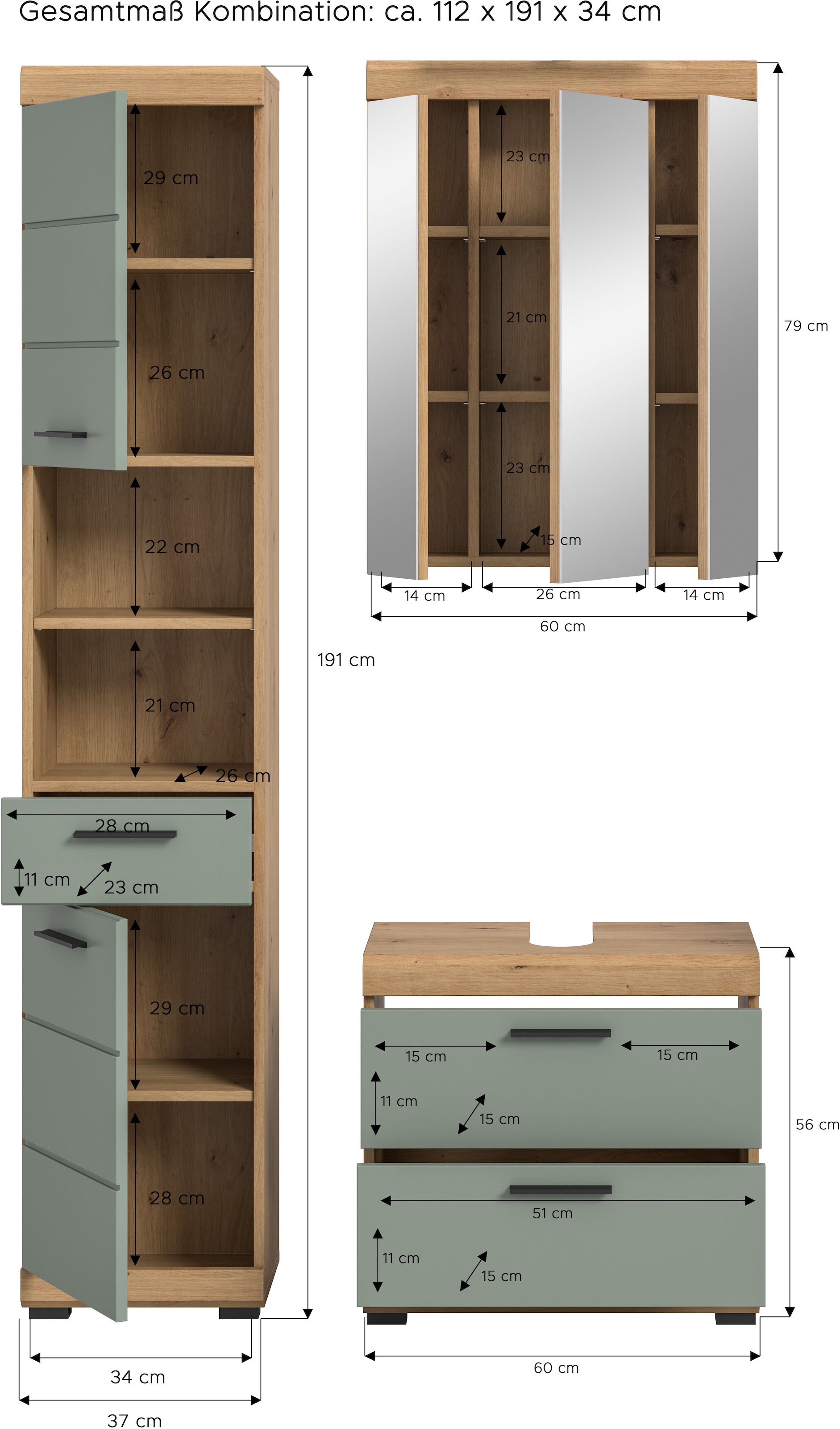 INOSIGN Badmöbel-Set »Siena, 3 teilig, bestehend aus:«, (Set), Hochschrank, Waschbeckenunterschrank, Spiegelschrank
