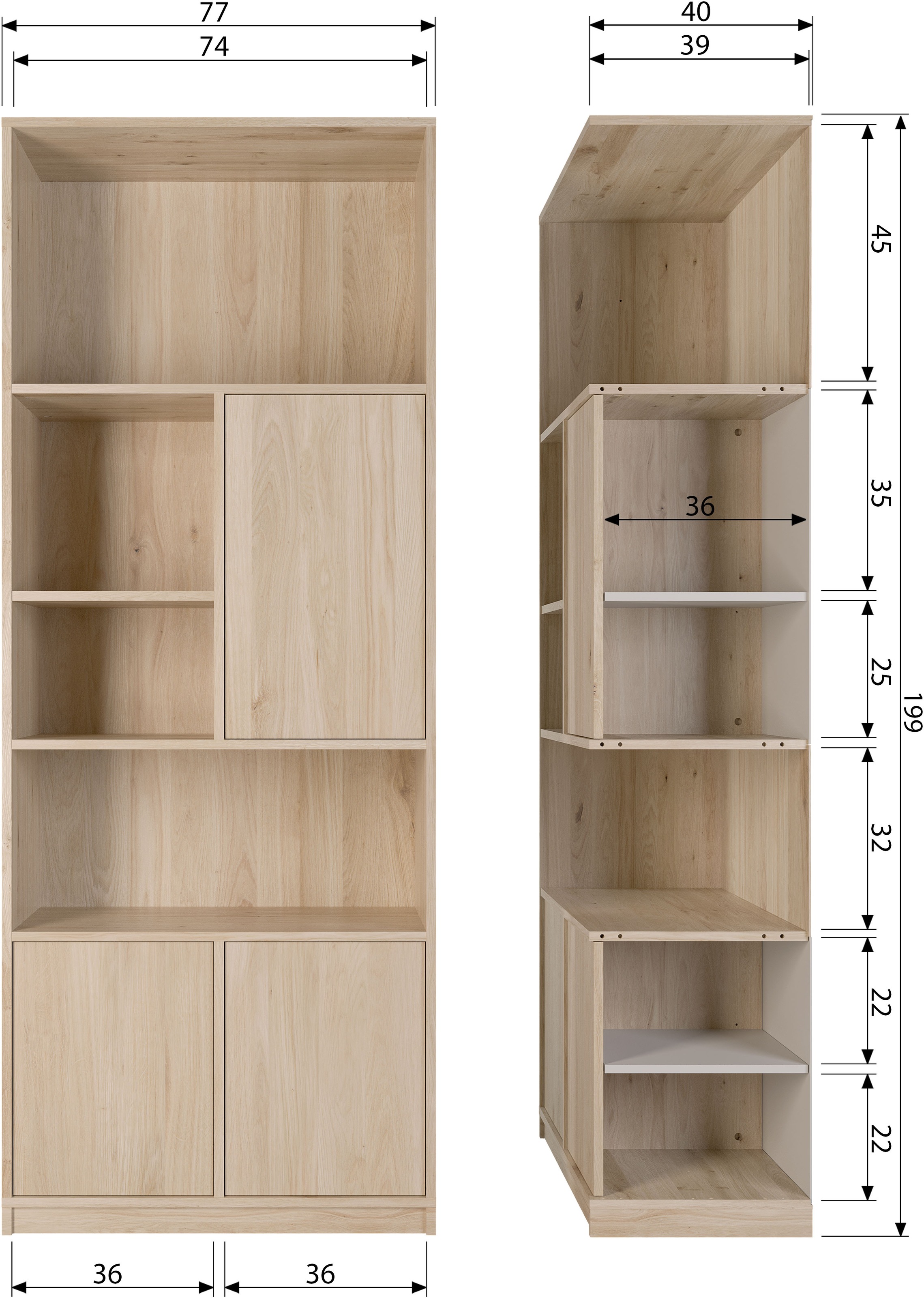 WOOOD Stauraumregal »Modulair mit Push-to-open und FSC® Eichenfurnier B110 x T40 x H199 cm« Vielfältige Fächergrößen, Tragkraft 15 kg pro Einlegeboden