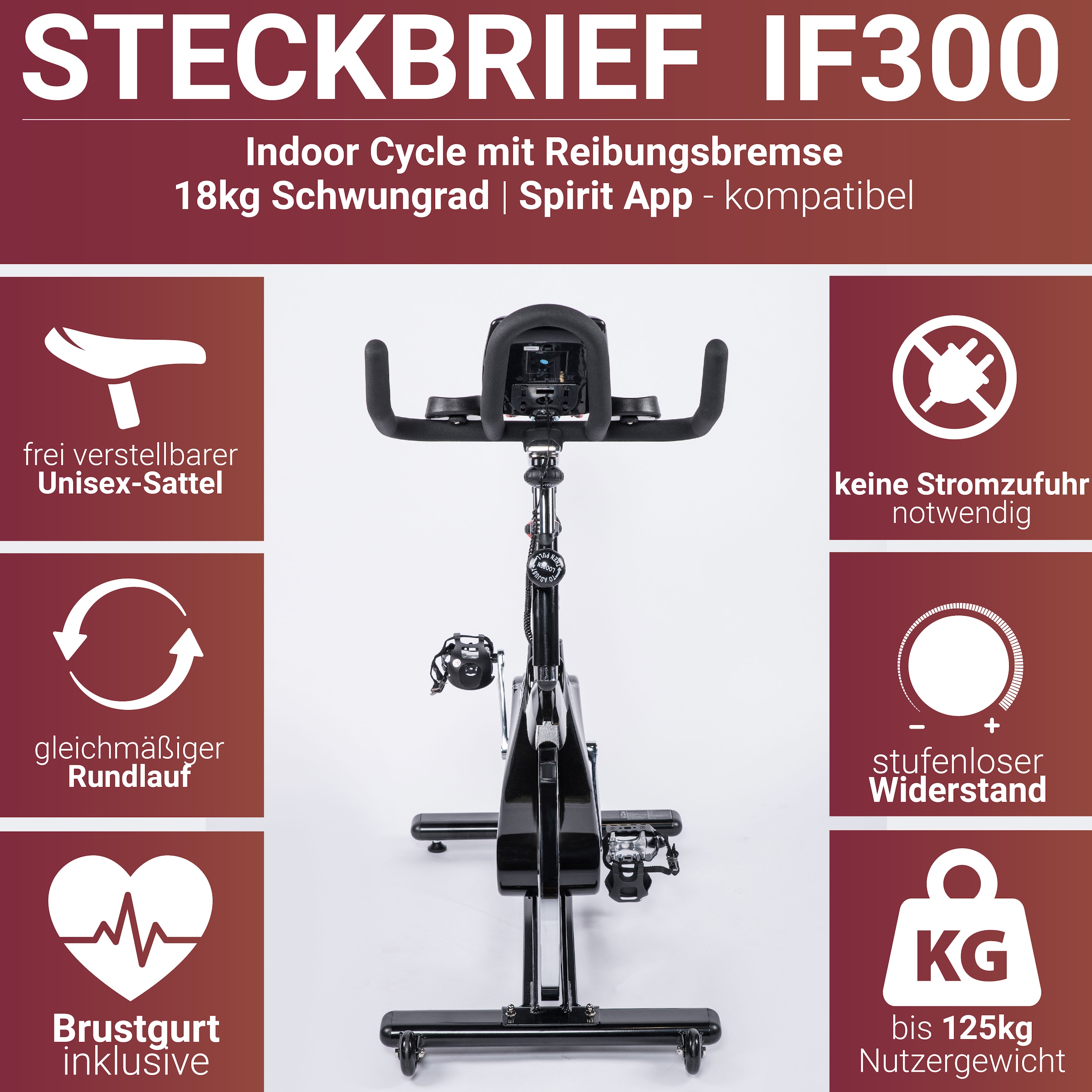 Fuel Fitness Heimtrainer »Indoor Cycle IF300«, Bluetooth, App-Anbindung (Spirit App), höhenverstellbar