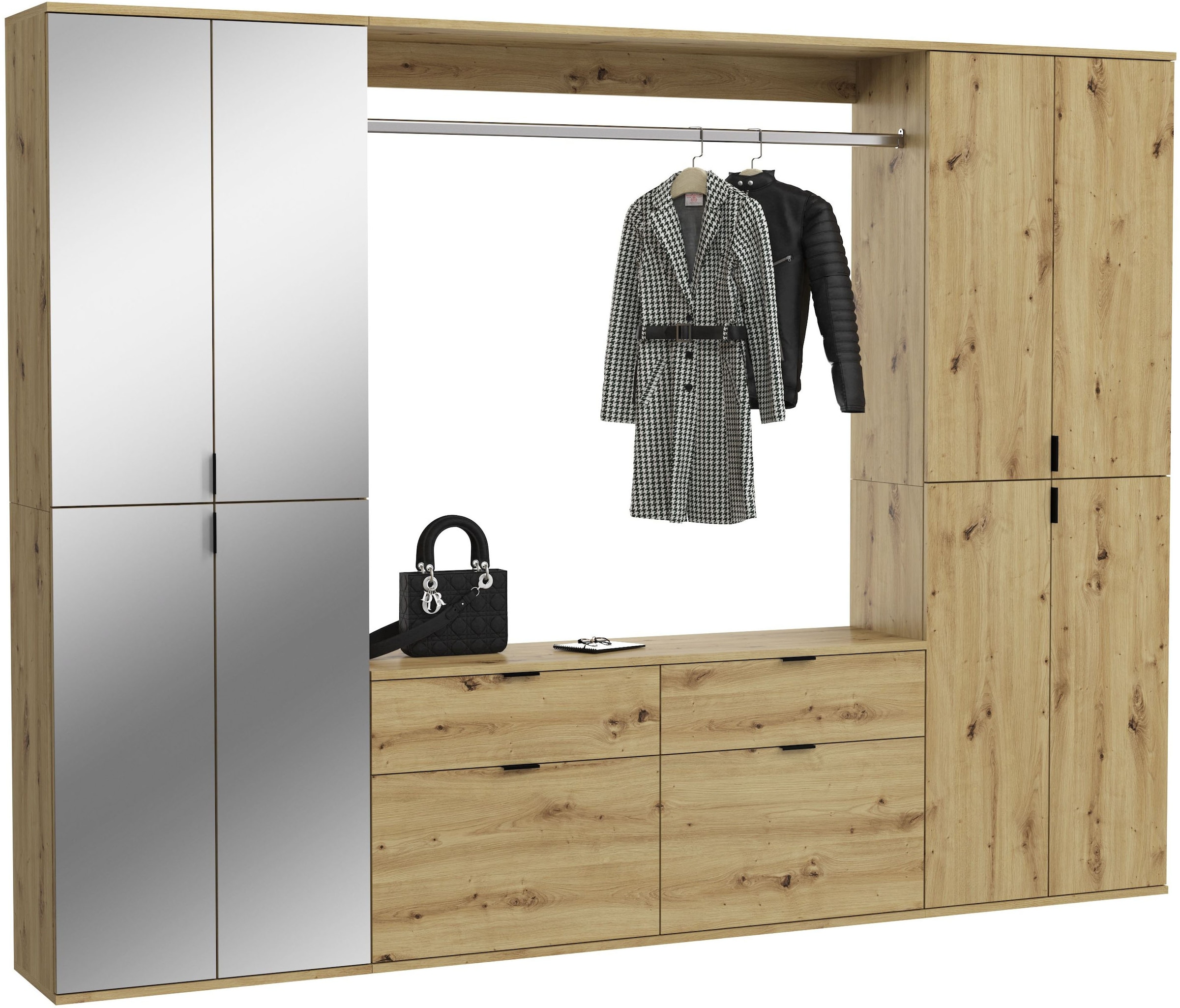 INOSIGN Garderoben-Set »Trondheim, Breite 243 cm, 5-teilig, bestehend aus:«, (Set, 4 St.), 2x Garderobenschrank, 1 Kommode, 1 Garderobenstange, 1 Ablageboden