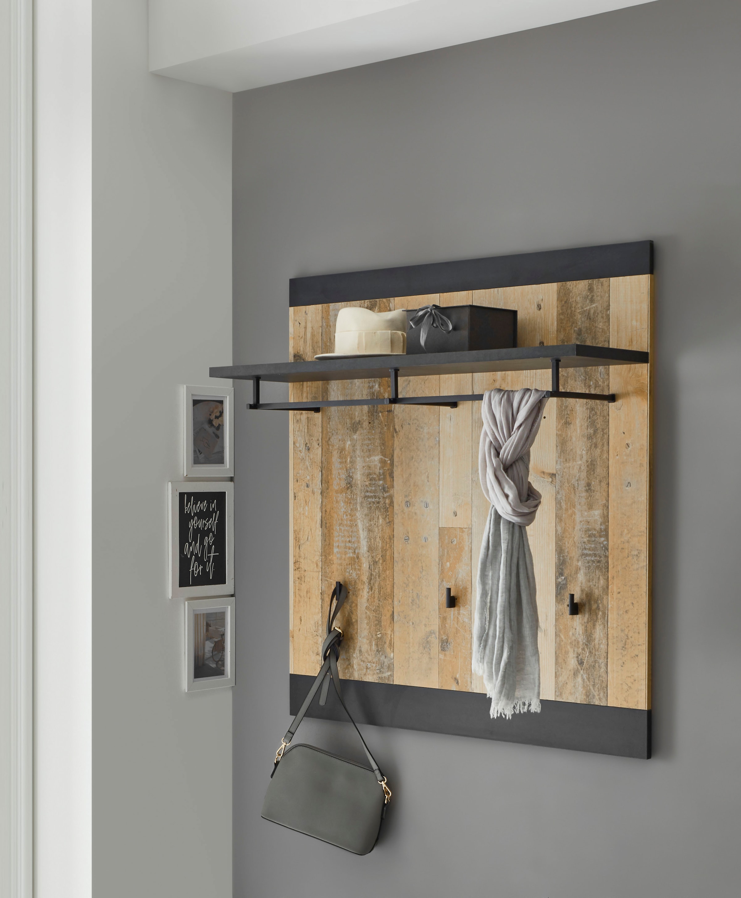 Home affaire Garderobenpaneel "Sherwood, Wandregal im Industrial-Style, Flurgarderobe, Garderobe" mit Ablage, Garderobenstange und Haken, in 2 Farben erhältlich