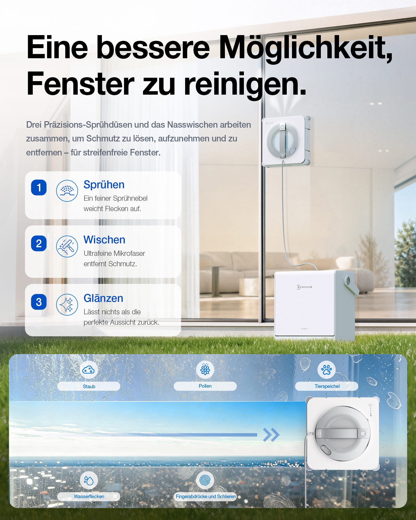 ECOVACS Fensterputzroboter »WINBOT W2S PRO OMNI« All-in-One Station, Drei-Düsen, 120ml Wassertank, Kantenreinigung