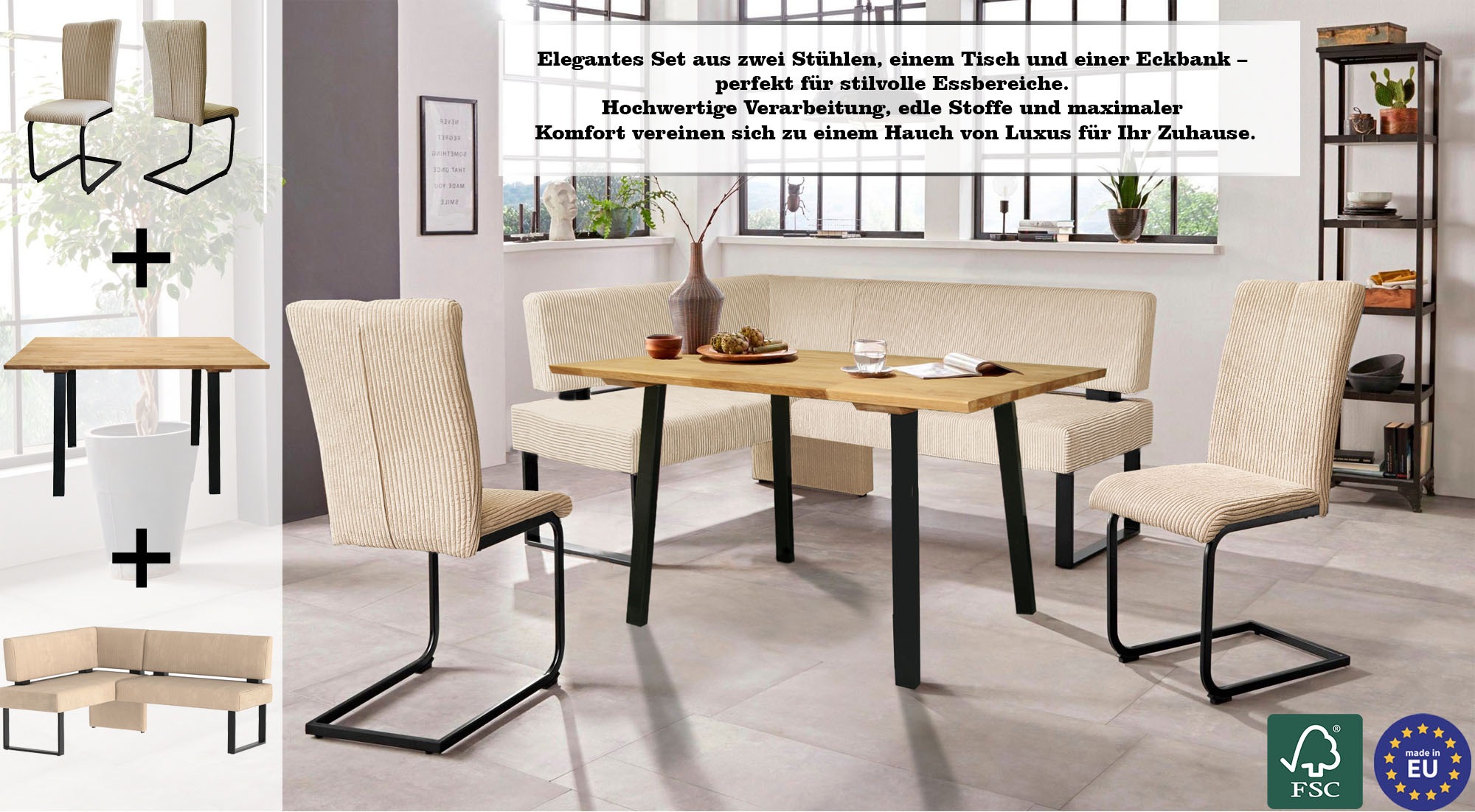 Home affaire Eckbankgruppe »Oliver« Set, 4-tlg, 4 Stk. tlg. Eckbank mit Wellenunterfederung im Sitz, Tisch Massiv Eiche