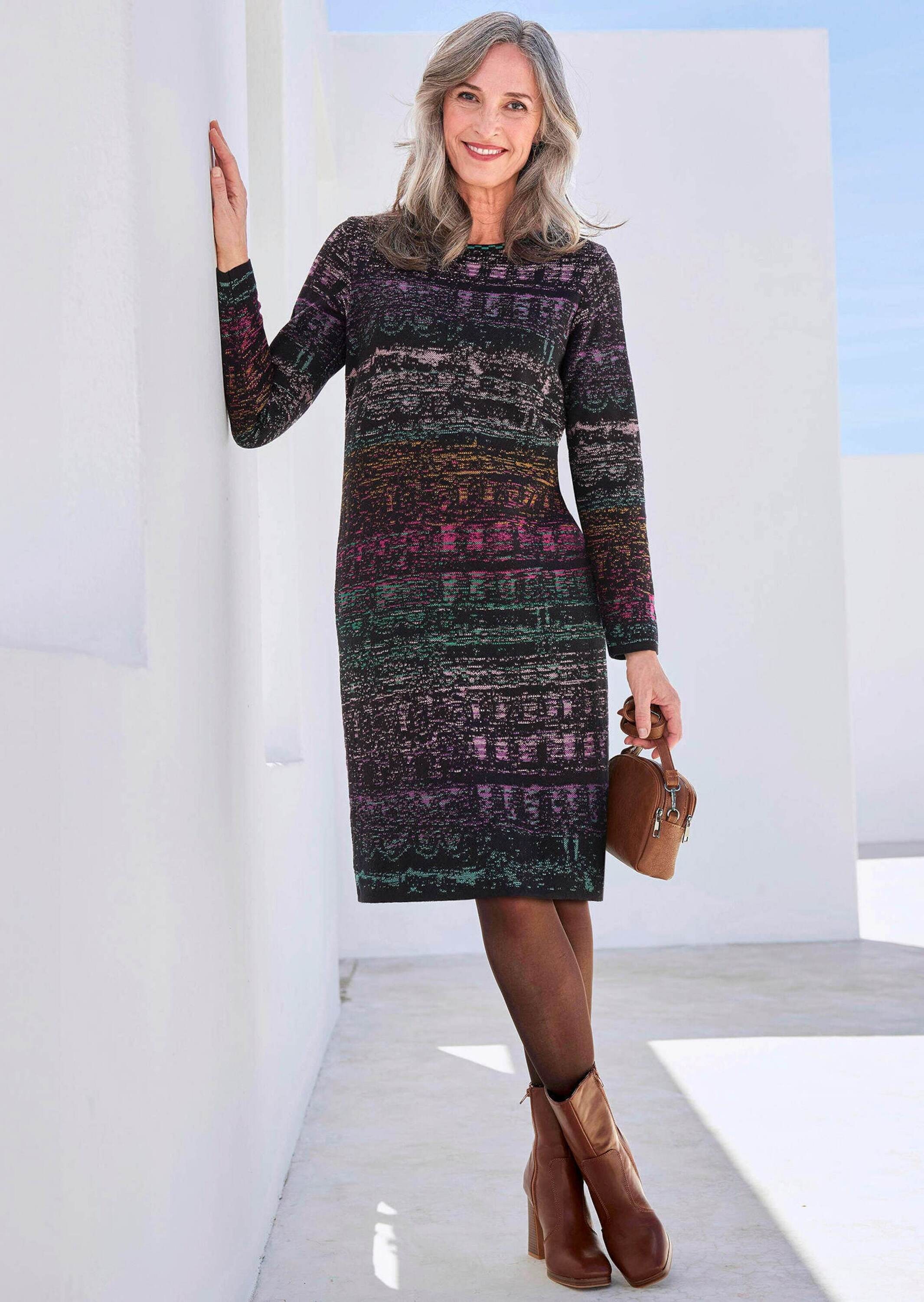 Strickpullover GOLDNER "Baumwoll-Strickkleid, Rundhals", Damen, Gr. 46, bunt, Obermaterial: 50% Baumwolle CO. 50% Polyacryl PAN., Tubular, Pullover Strickpullover, Jacquardmuster 2